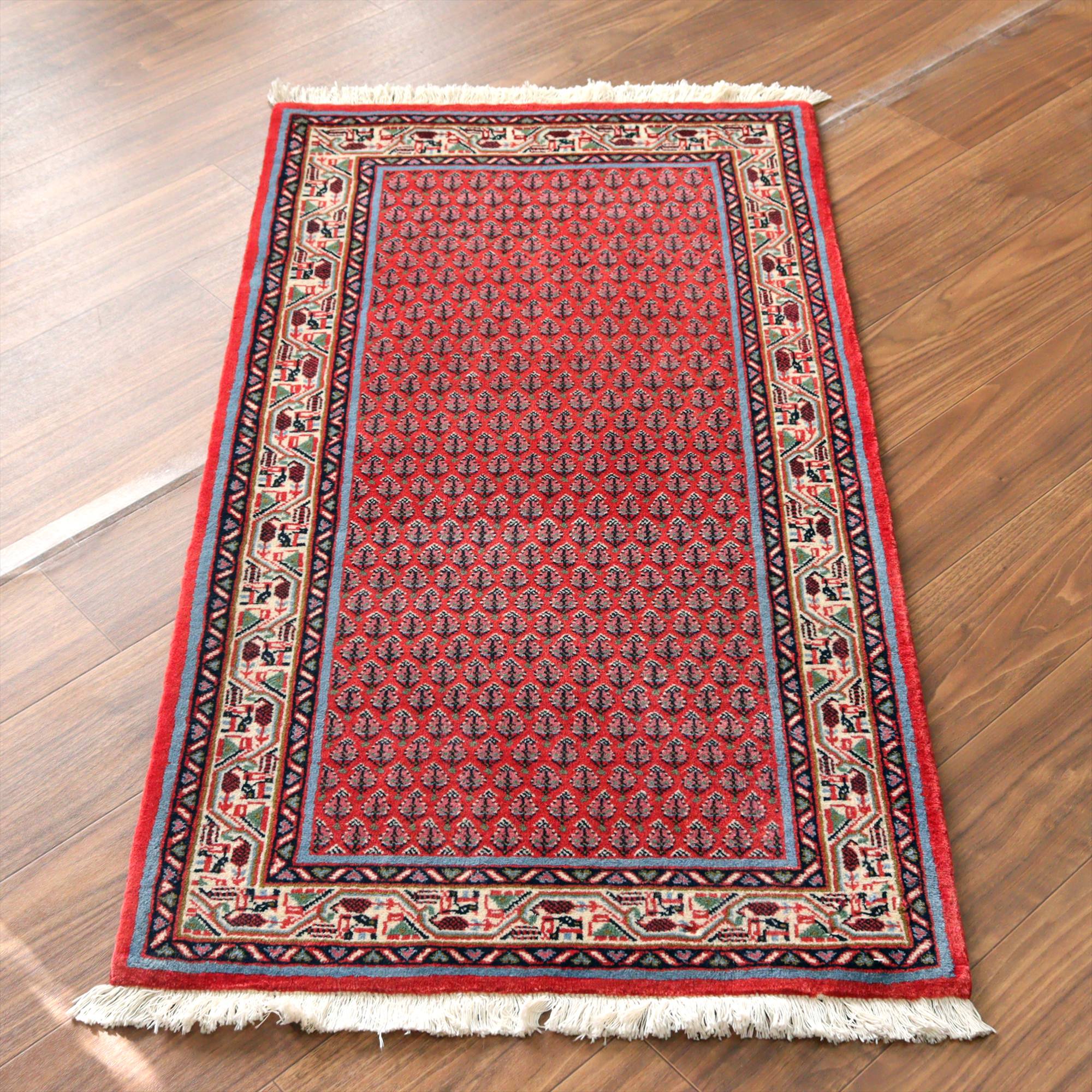 イランの手織りラグ サルーク131×59cm ボテ ペイズリーのモチーフ レッド