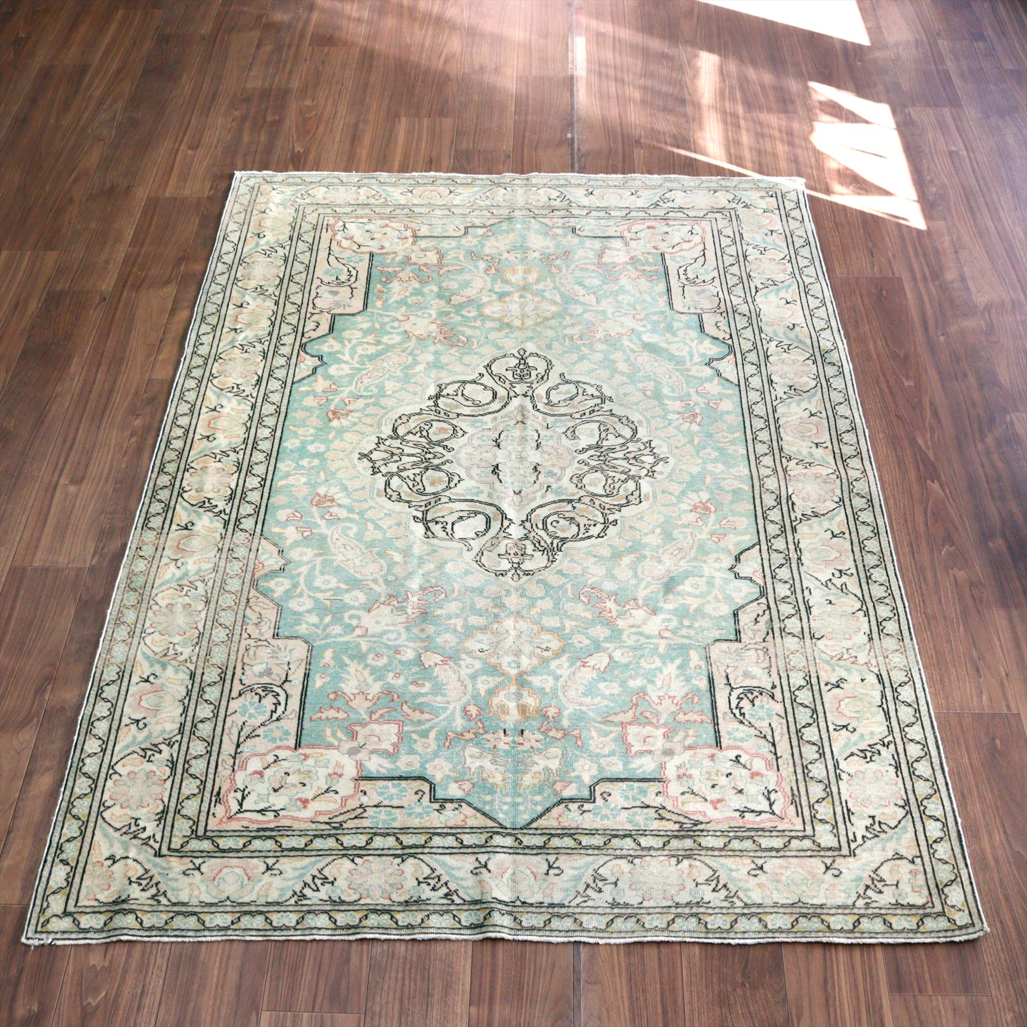 オールドカーペット トルコ絨毯208×145cm 色褪せたターコイズブルー