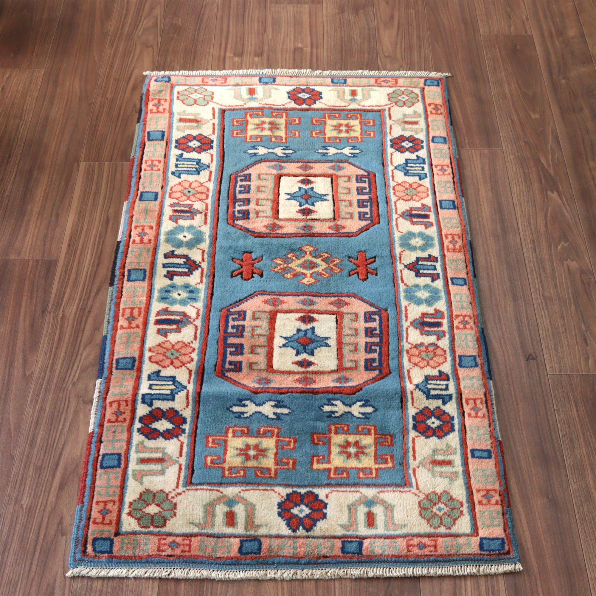 トルコの手織り絨毯 チャナッカレ148×82cm 幾何学モチーフと小花