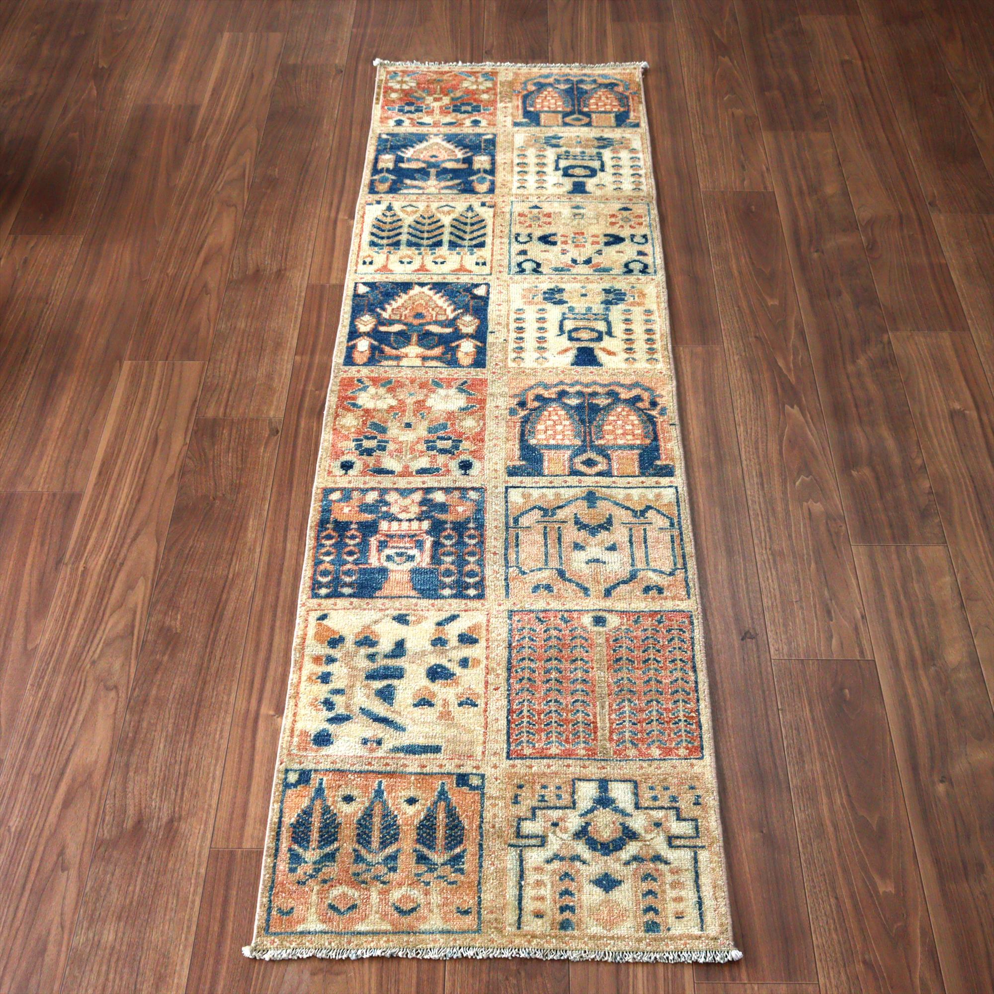 イランの手織り絨毯 バフティアリ222×60cm タイルデザイン 細長いサイズ