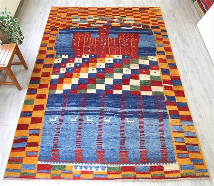 ギャッベ/ギャベ・カシュカイ族の手織りラグ・アマレバフ288×205cm ・大型ルームサイズ ブルーイエロー・カラフルタイル・動物モチーフ