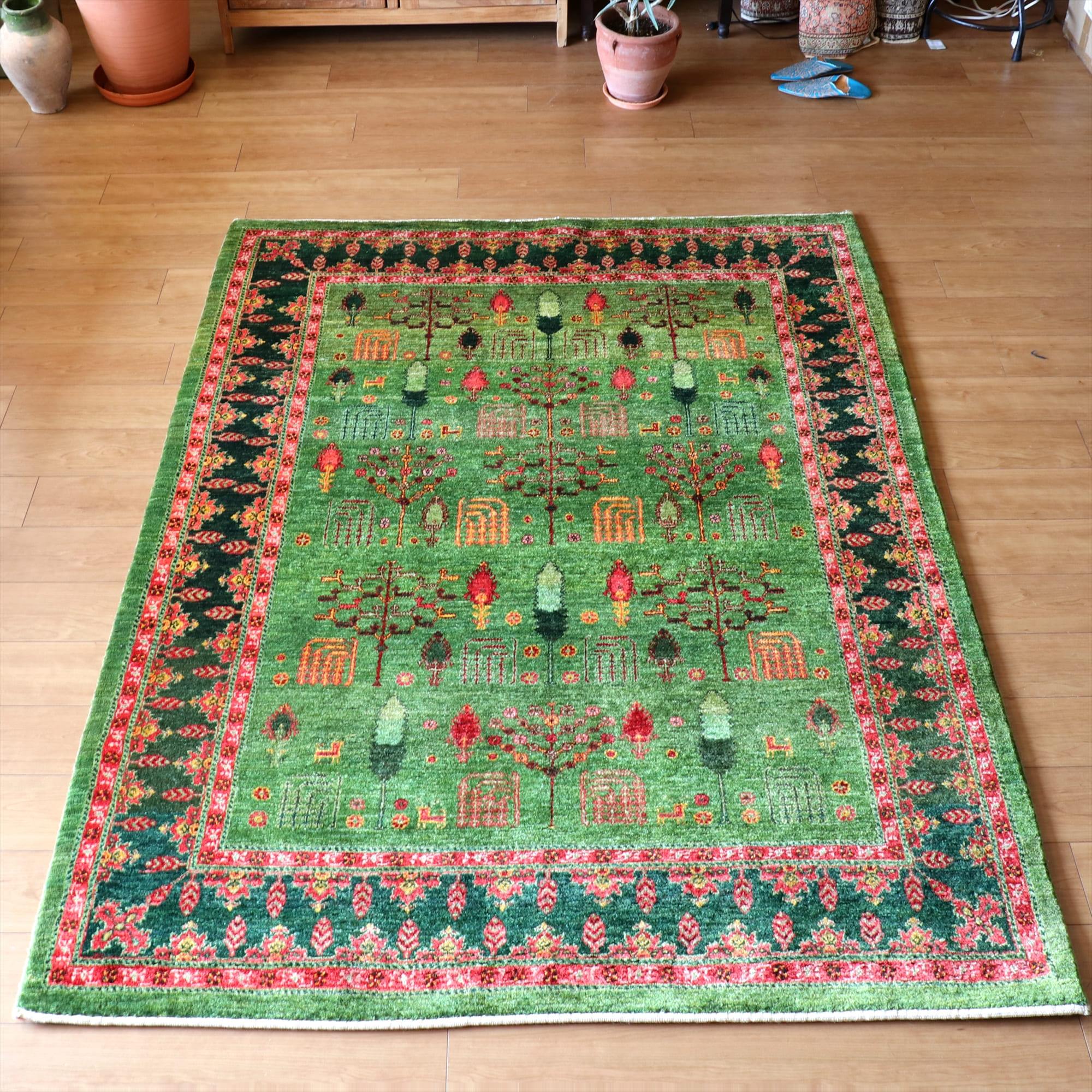 ギャッベ/Luribaft　最高級の織り 207×156cm ルリバフ・細かな織りの伝統柄 リビングサイズ グリーン・糸杉