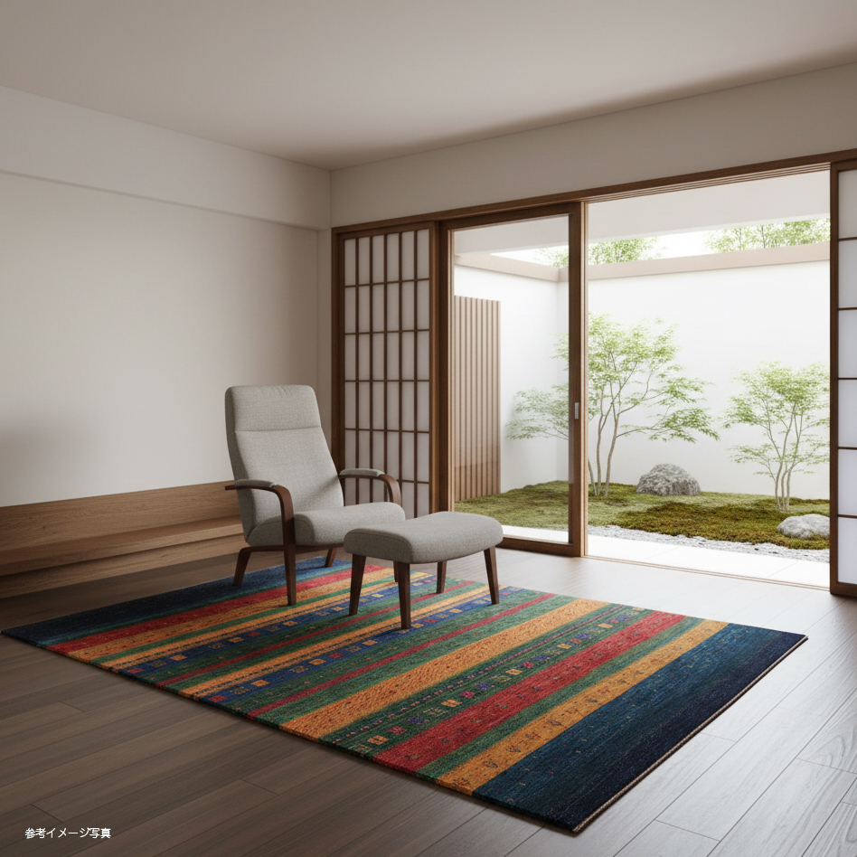 ギャッベ　イラン直輸入　リズバフ230×170cm 草木染の色が美しい多色使いのストライプ