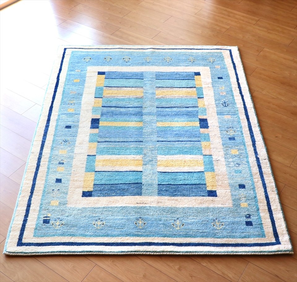 ギャッベ　Amaleh/アマレ193×147cm ワンランク上の織り　スカイブルー＆イエロー　スクエア