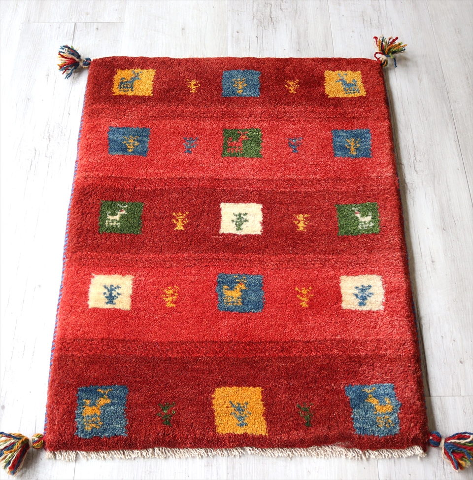 ギャッベ　手織りラグ　イラン製　ウール100％　玄関マットサイズ85×60cm レッド　ボーダーストライプ　動物と植物モチーフ