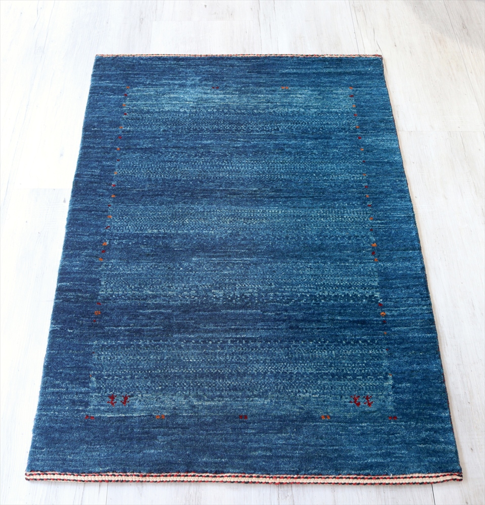 ギャッベ　最上級の織り　ロリアタシュ　玄関マットサイズ90×60cm ブルー　ボーダー＆ドット
