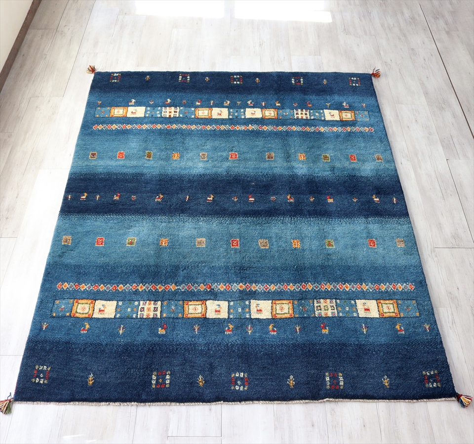 GABBEH ギャッベ　カシュカイ族手織りラグ248×198cm ブルー　カラフルタイル