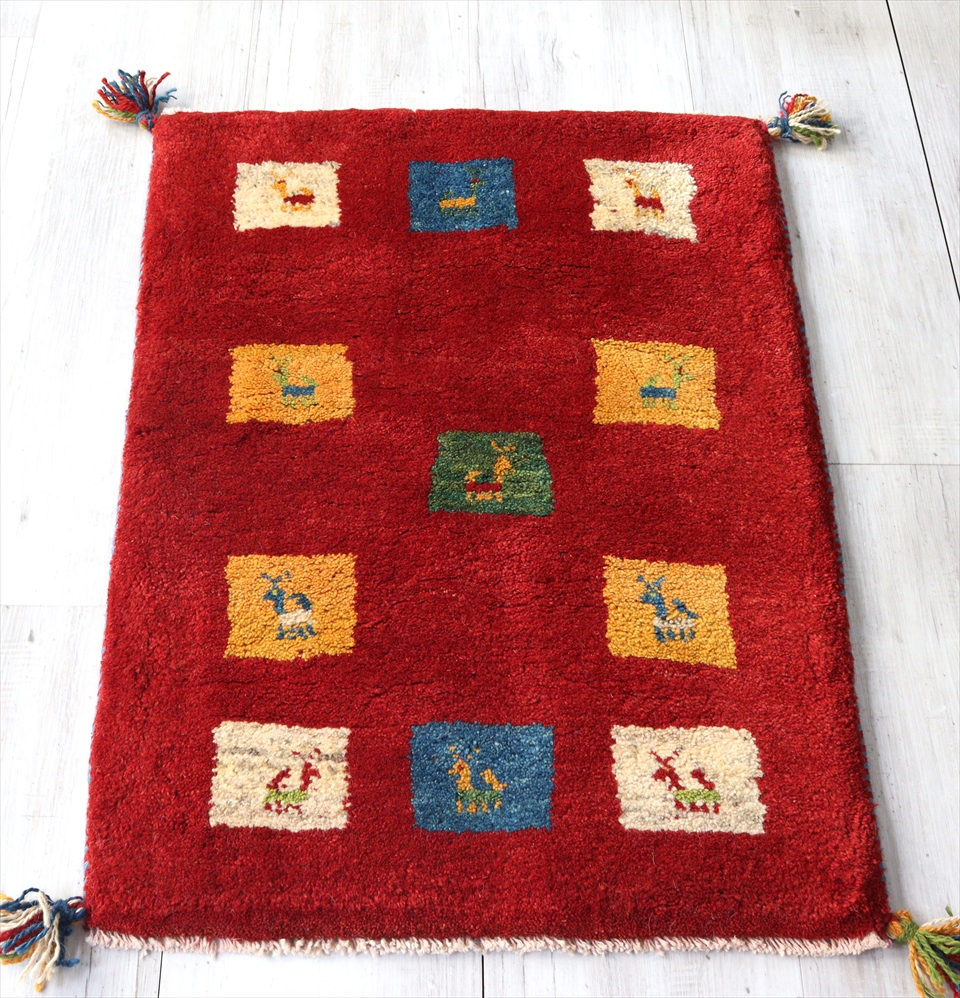 ギャベ　玄関マット　イラン製手織りラグ87×60cm レッドカラフルスクエア　動物モチーフ