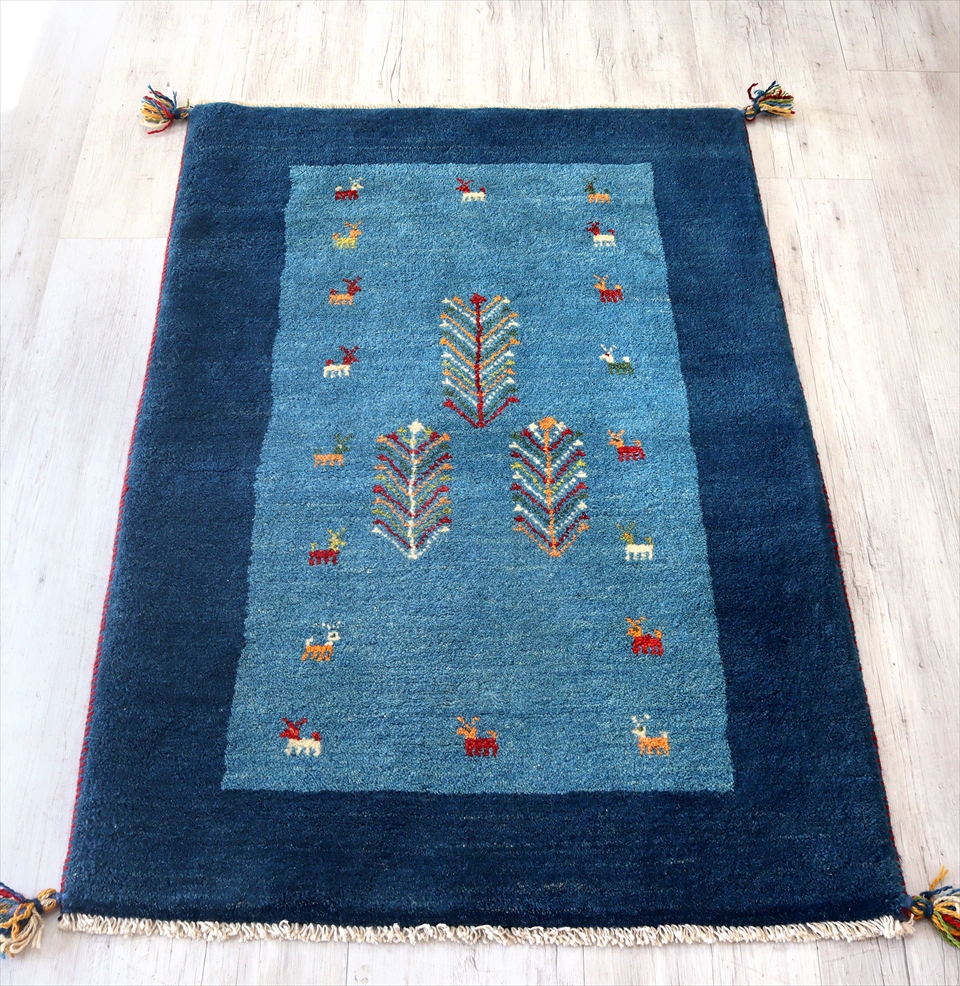 GABBEHギャベ　イラン遊牧民の手織り125×84cm ライトブルー/ブルー　彩り豊かな生命の樹と動物モチーフ