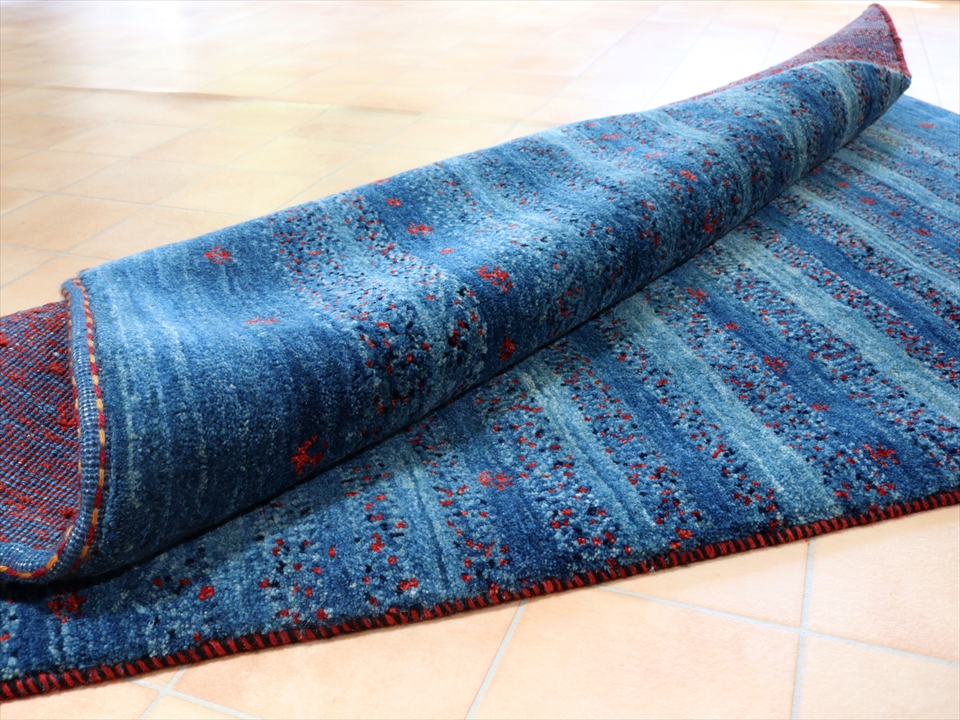 ギャッベ Gabbeh Banafsheh146×110cm ブルーのボーダー　整った細かな織り