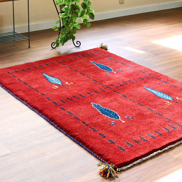 ギャッベ　イラン製手織りラグ140×98cm レッド　糸杉の樹