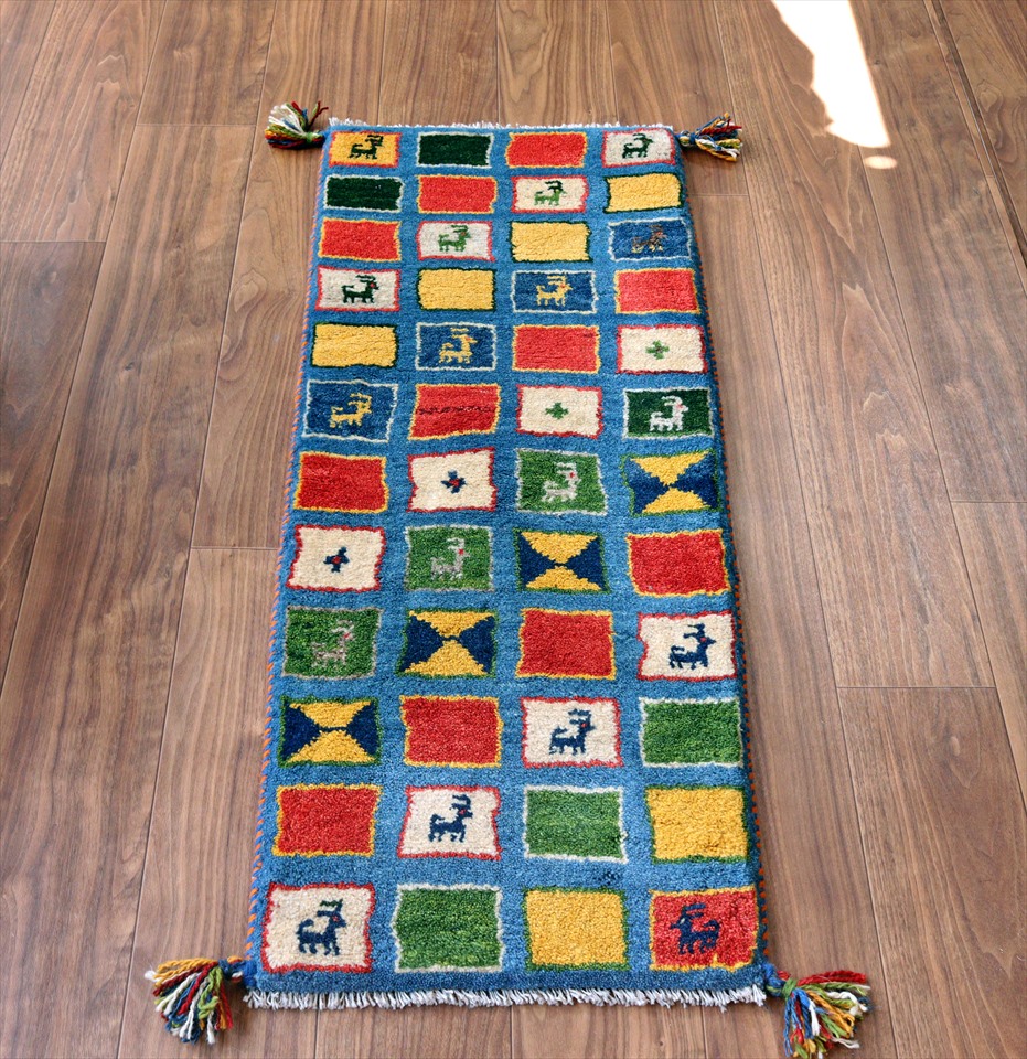 ギャッベ　カシュカイ族の手織り116×43cm カラフルなパターンタイル