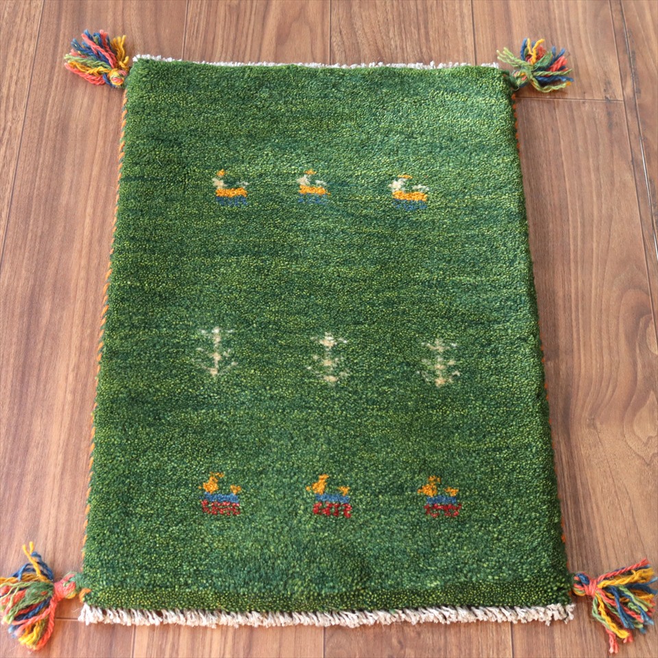 ギャッベ イランの手織りラグ GABBEH58×40cm グリーン　ヤギと生命の樹