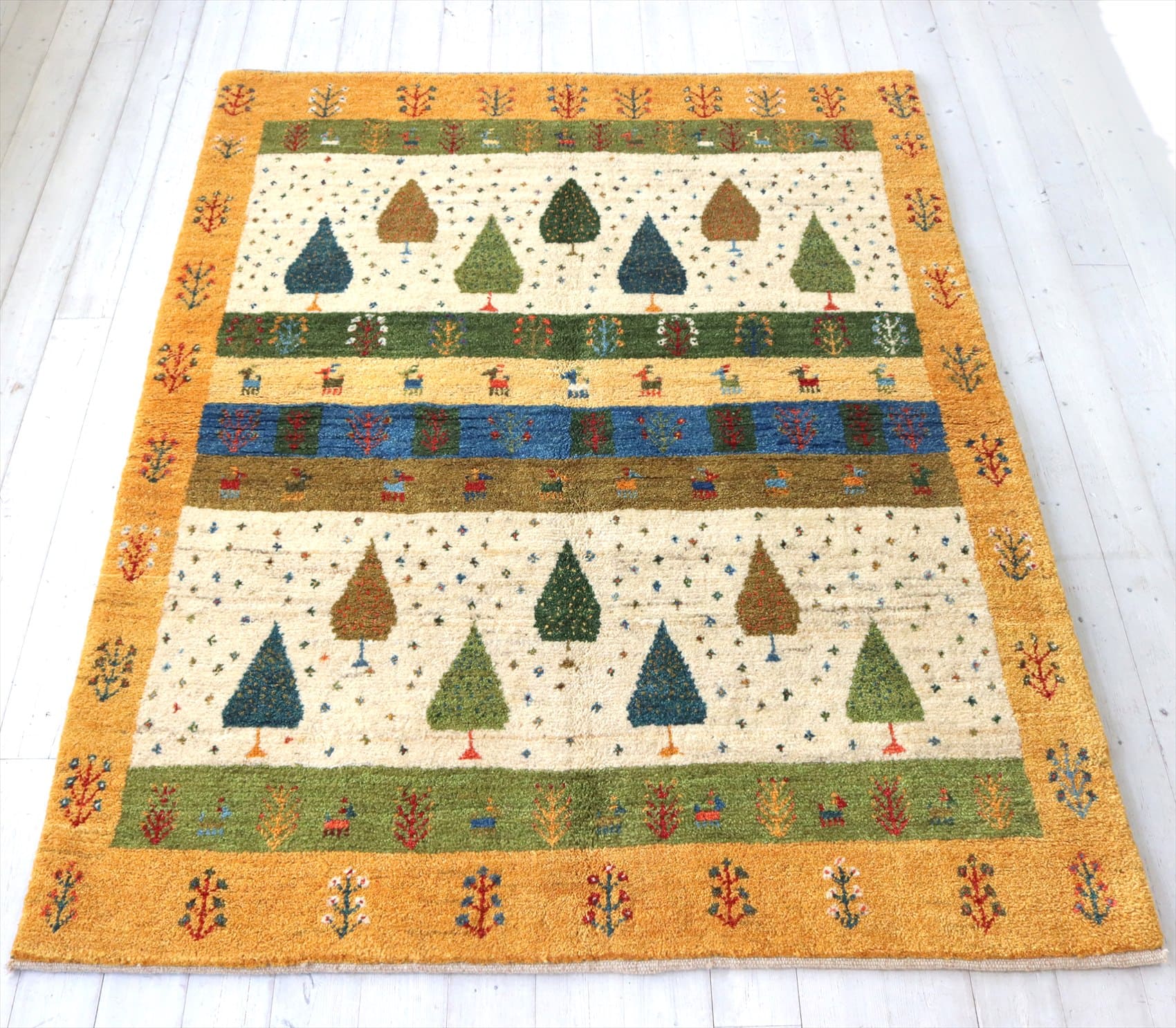 ギャッベ カシュカイ族の手織り194×150cm イエロー&グリーン シカと生命の樹