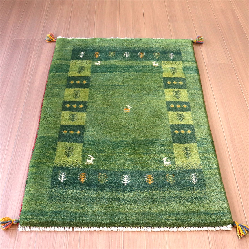 ギャッベ カシュカイ族の手織りラグ 117×76cm グリーンのグラデーション
