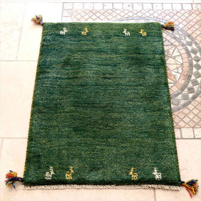 イランの手織りラグ ギャッベ 84×60cm グリーン シンプルモチーフ