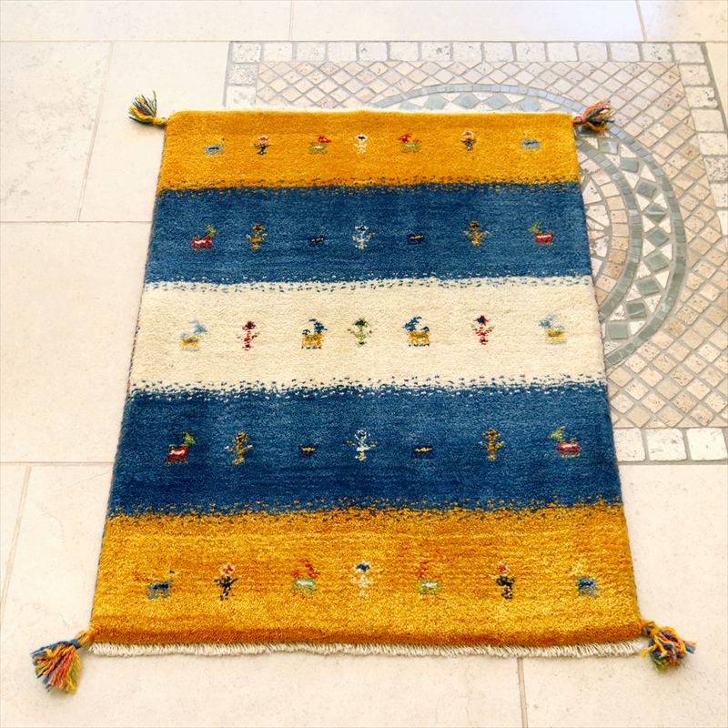 イランの手織りラグ ギャッベ 86×65cm オレンジ＆ブルー