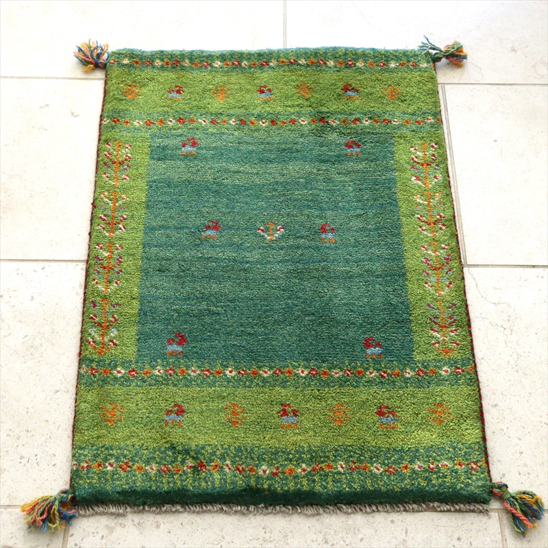 ギャッベ カシュカイ族の手織りラグ88×61cm グリーン 玄関マット