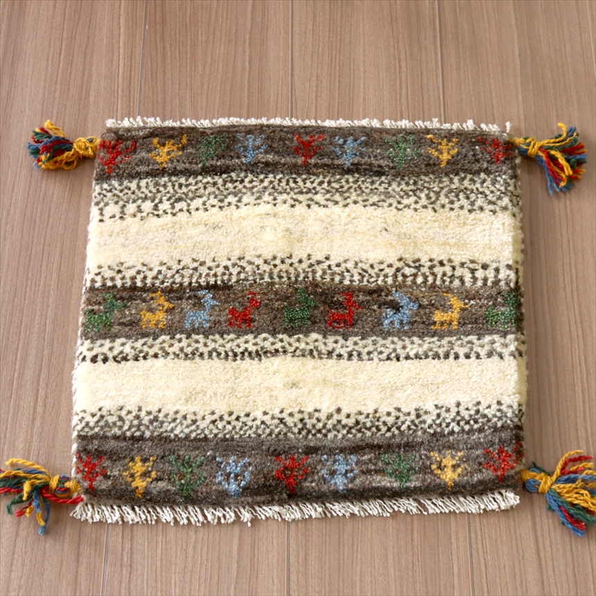 ギャッベ 遊牧民の手織りラグ40×40cm カラフルな動物と生命の樹