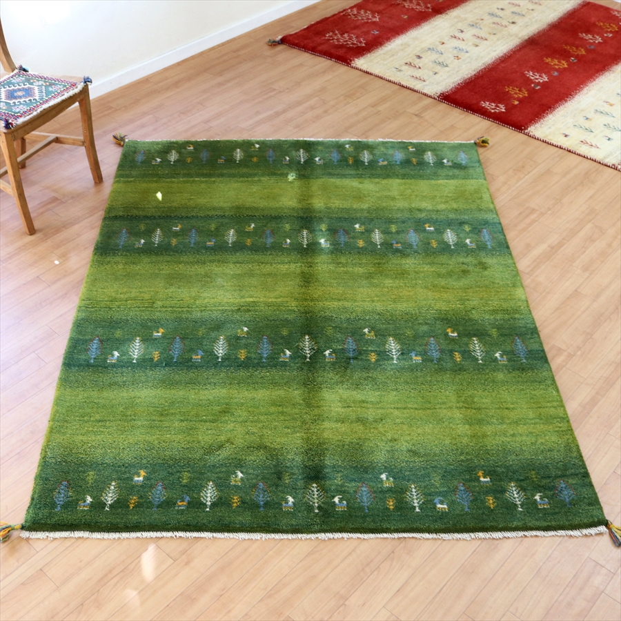 ギャッベ イラン産手織り190×150cm グリーングラデーション 毛足の長いふかふかな織り