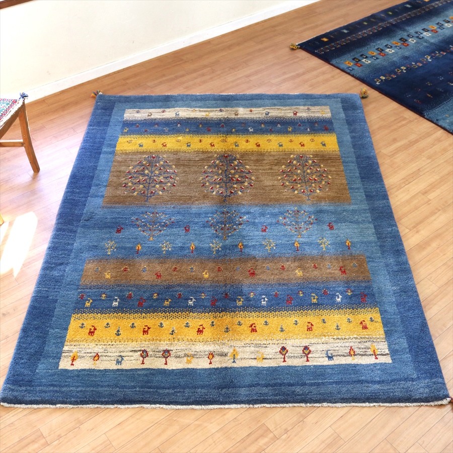 ギャッベ イラン産手織り202×160cm ブルー＆イエローストライプ 毛足の長いふかふかな織り
