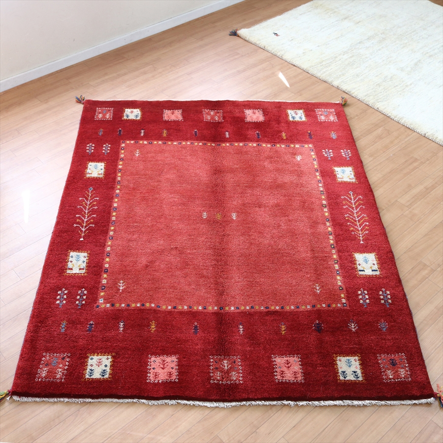 ギャッベ イラン産手織り188×155cm ツートーンレッド 毛足の長いふかふかな織り