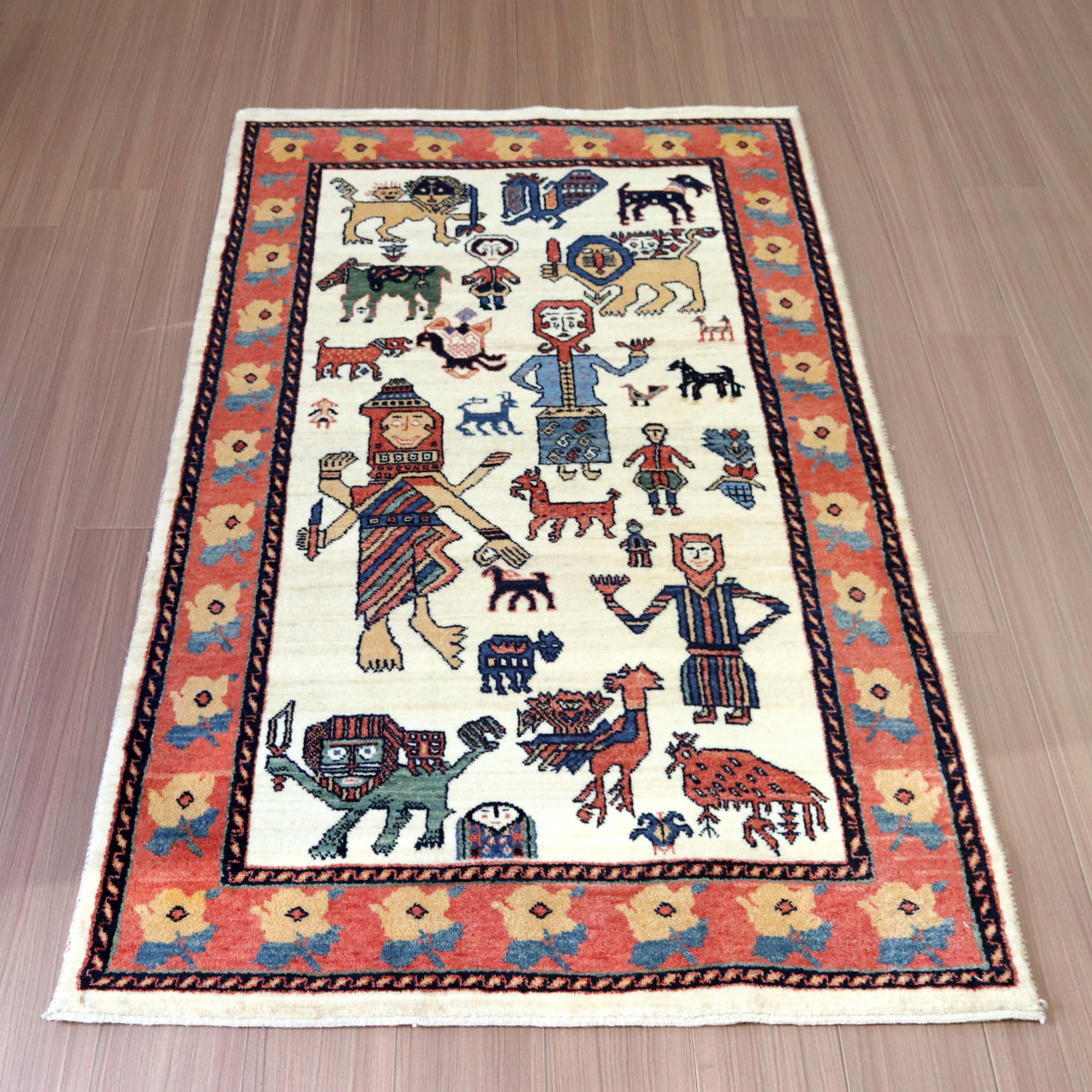イラン産 ギャッベ 細かな織りのリズバフ175×101cm サーベルを持つライオンとユニークな人々