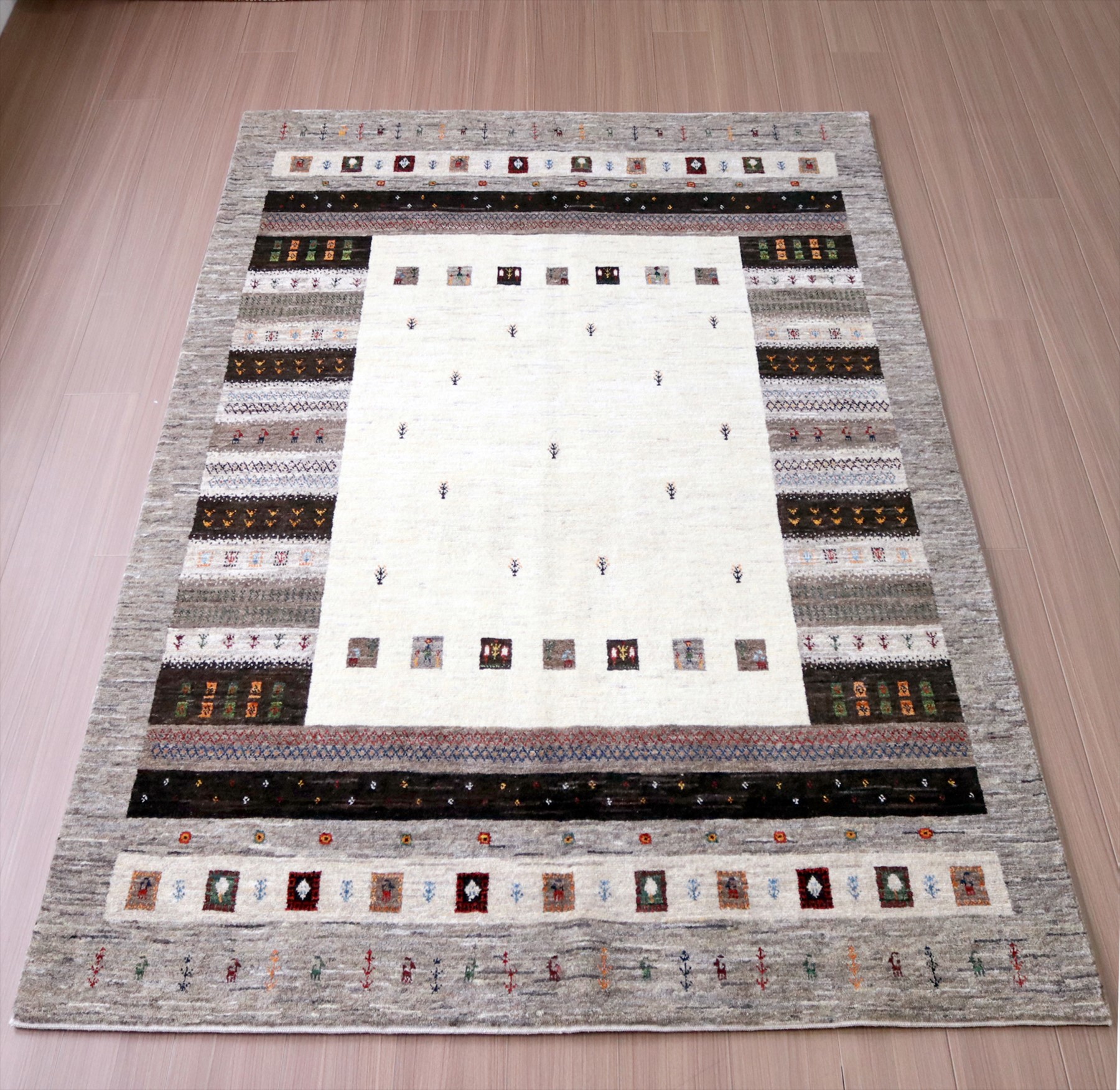 ギャッベ　イラン産 細かな織り　リズバフト215×151cm グレー&アイボリー
