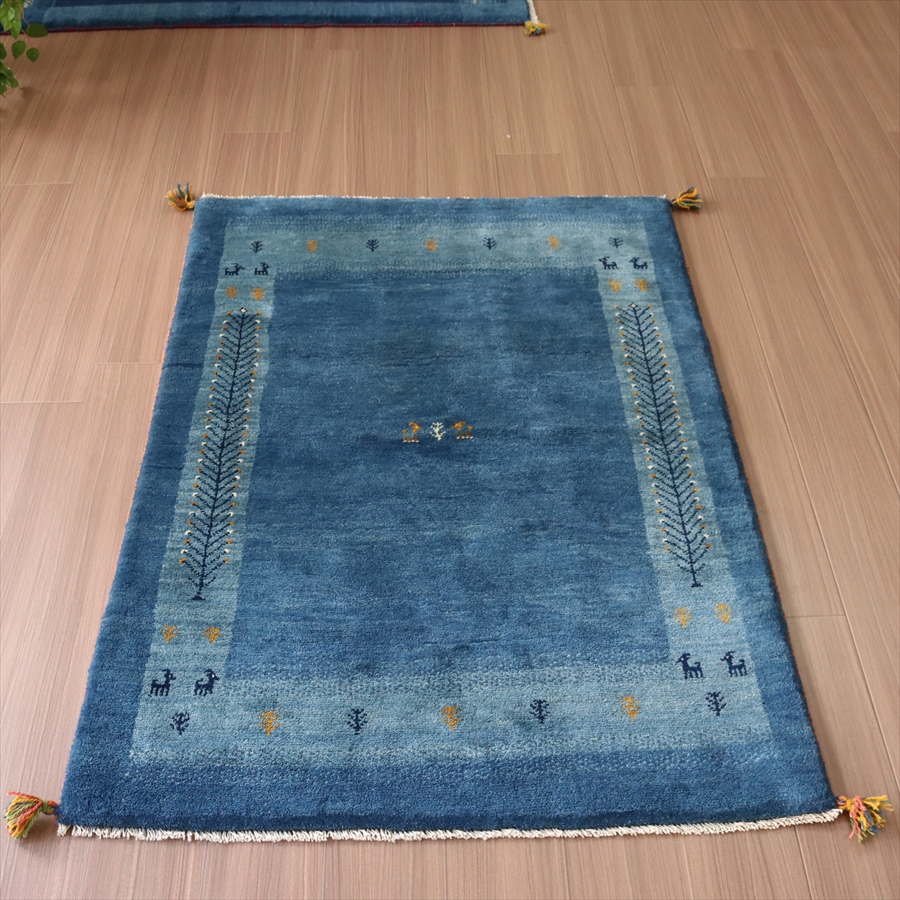 ギャベ ギャッベ イラン産手織り145×102cm ブルー　生命の樹のボーダー