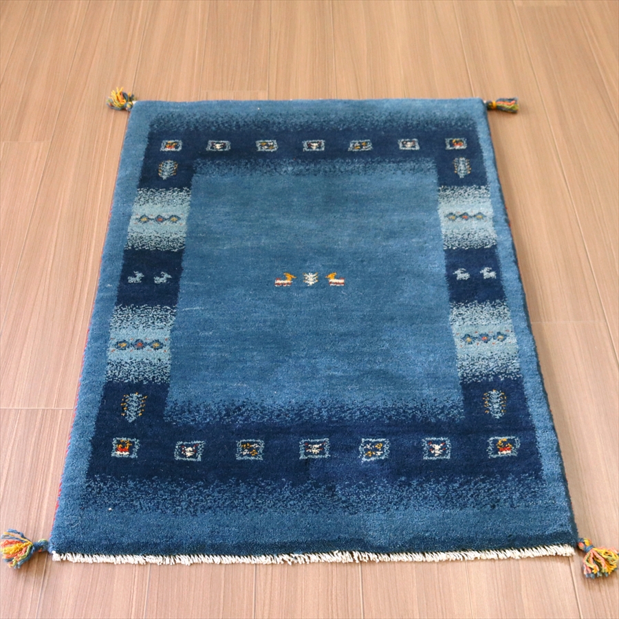 ギャベ ギャッベ イラン産手織り125×77cm ブルー　ネイビーのボーダー