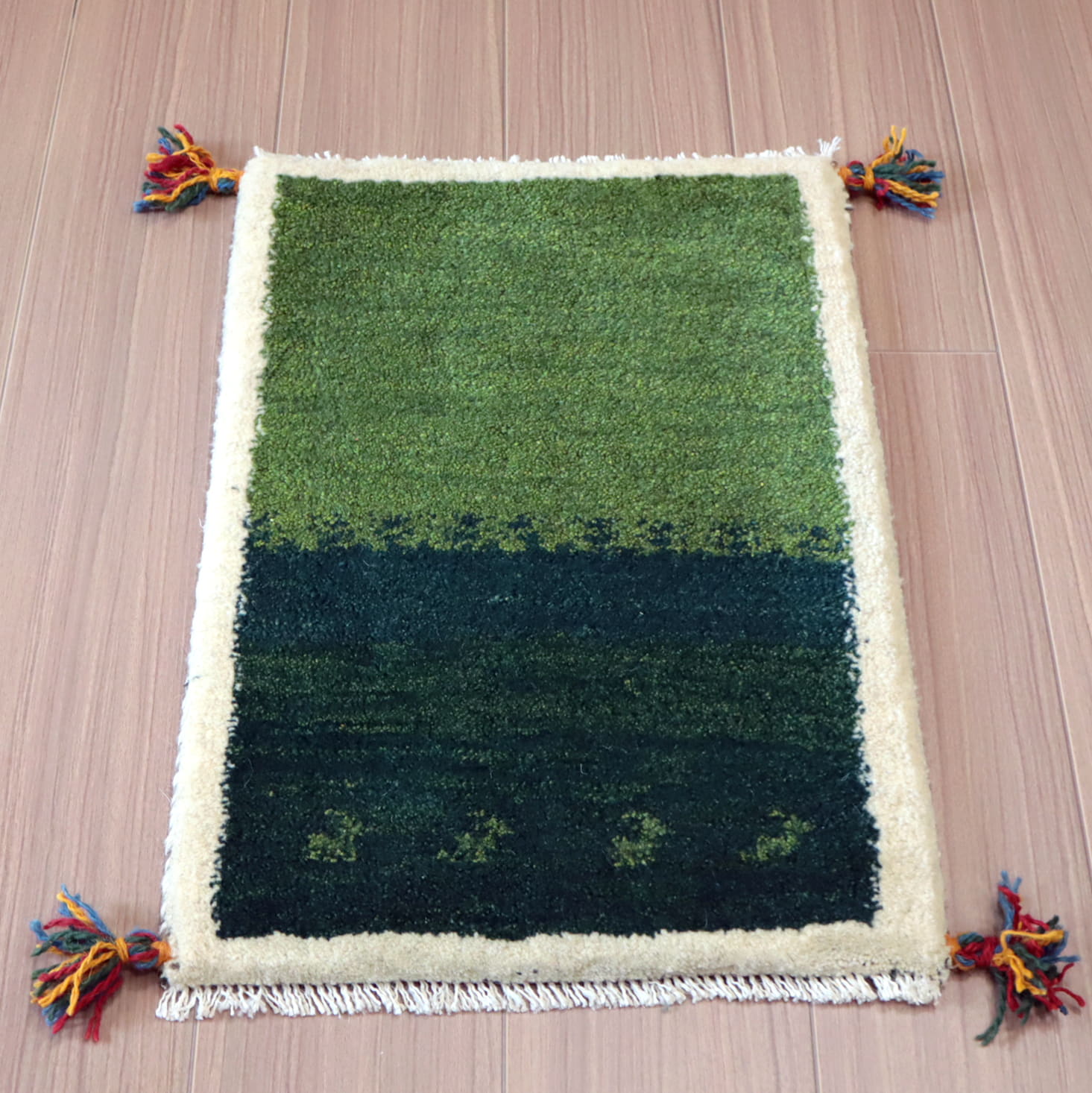 ギャッベ ふかふか イラン産　手織り56×38cm 緑の草原　グリーン　ツートーン