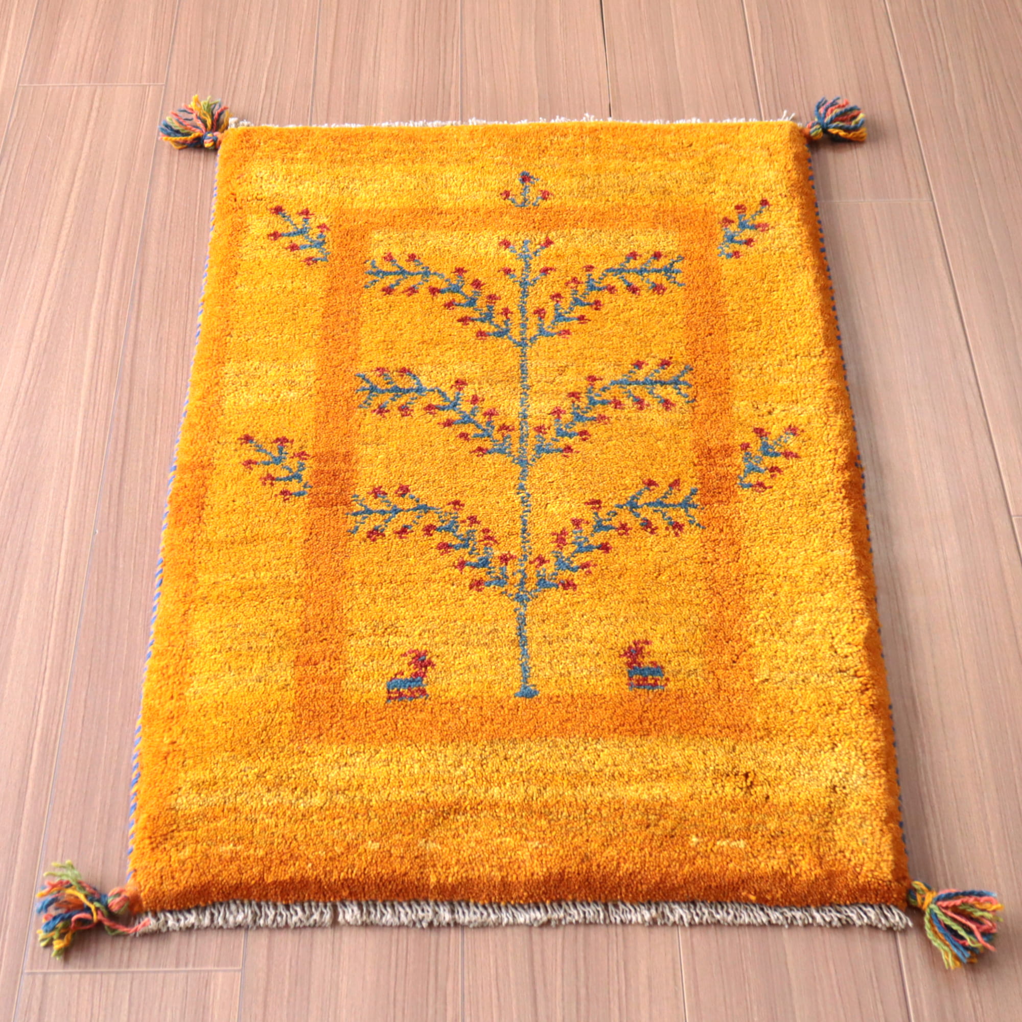 ギャッベ　イラン産手織り　88×60cm 玄関マット　イエロー　オレンジ
