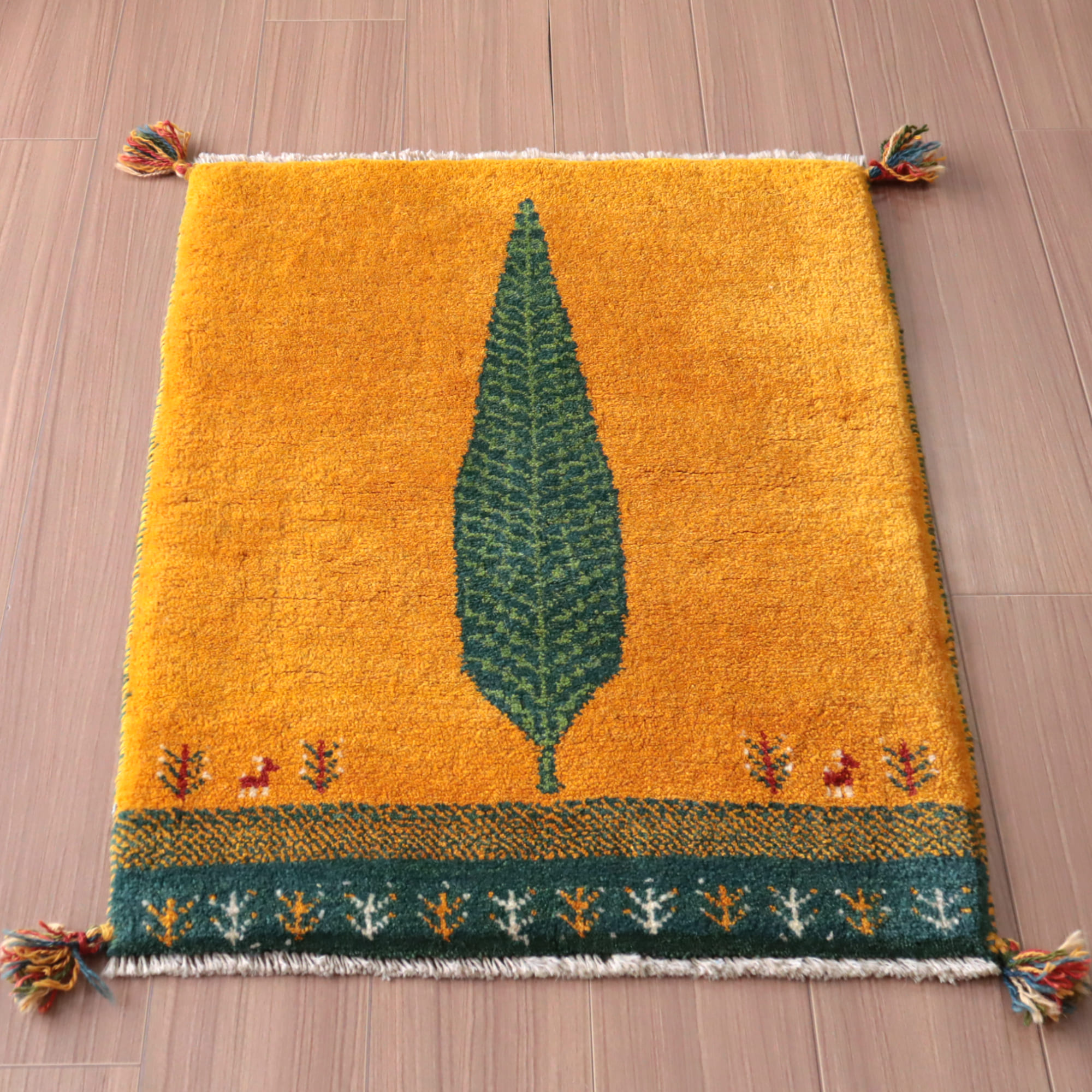 ギャッベ　イラン産手織り　88×65cm イエロー　オレンジ　イトスギ