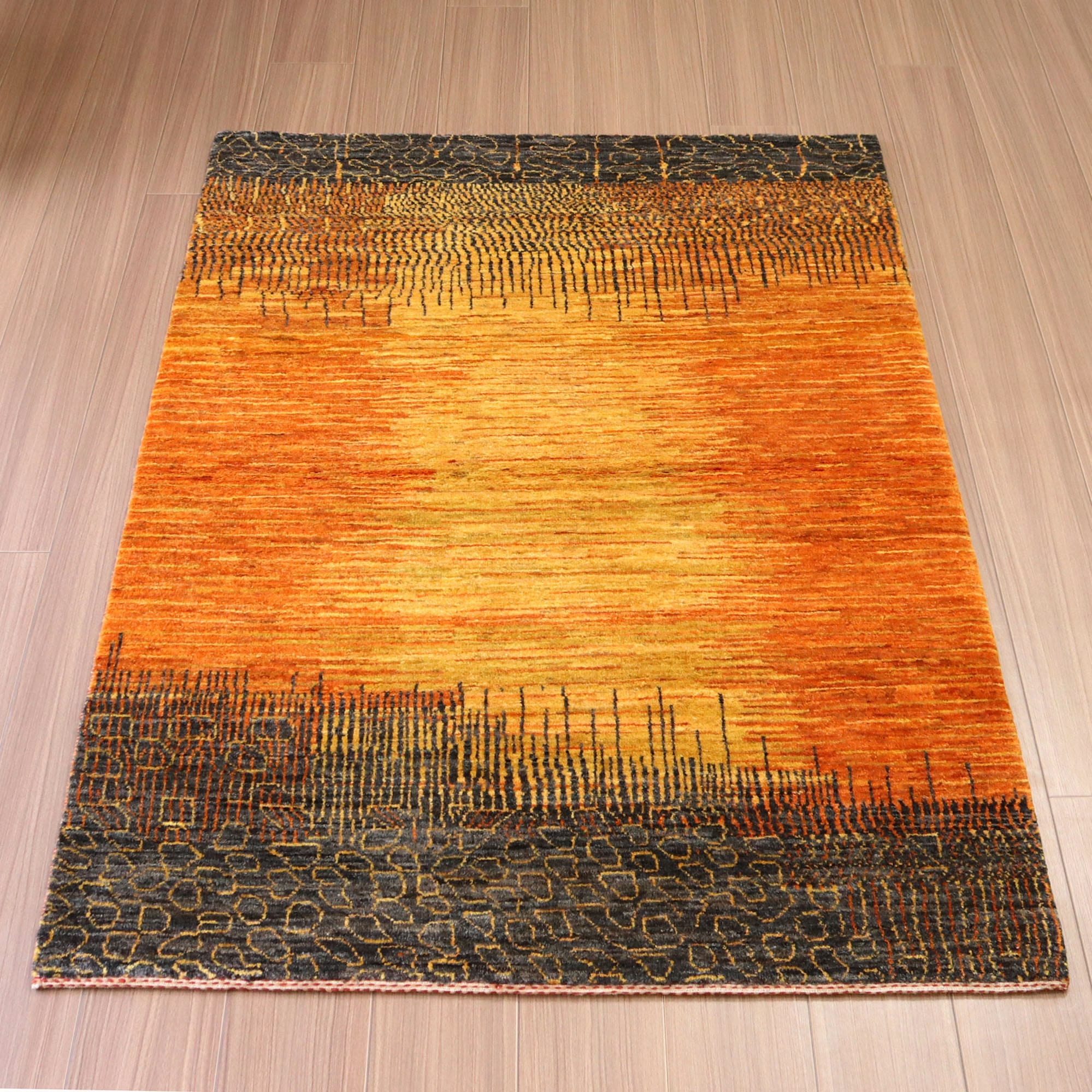 ギャッベ ノウバフト 抽象画のようなモダンデザイン160×110cm イエロー　オレンジ イラン産手織りラグ