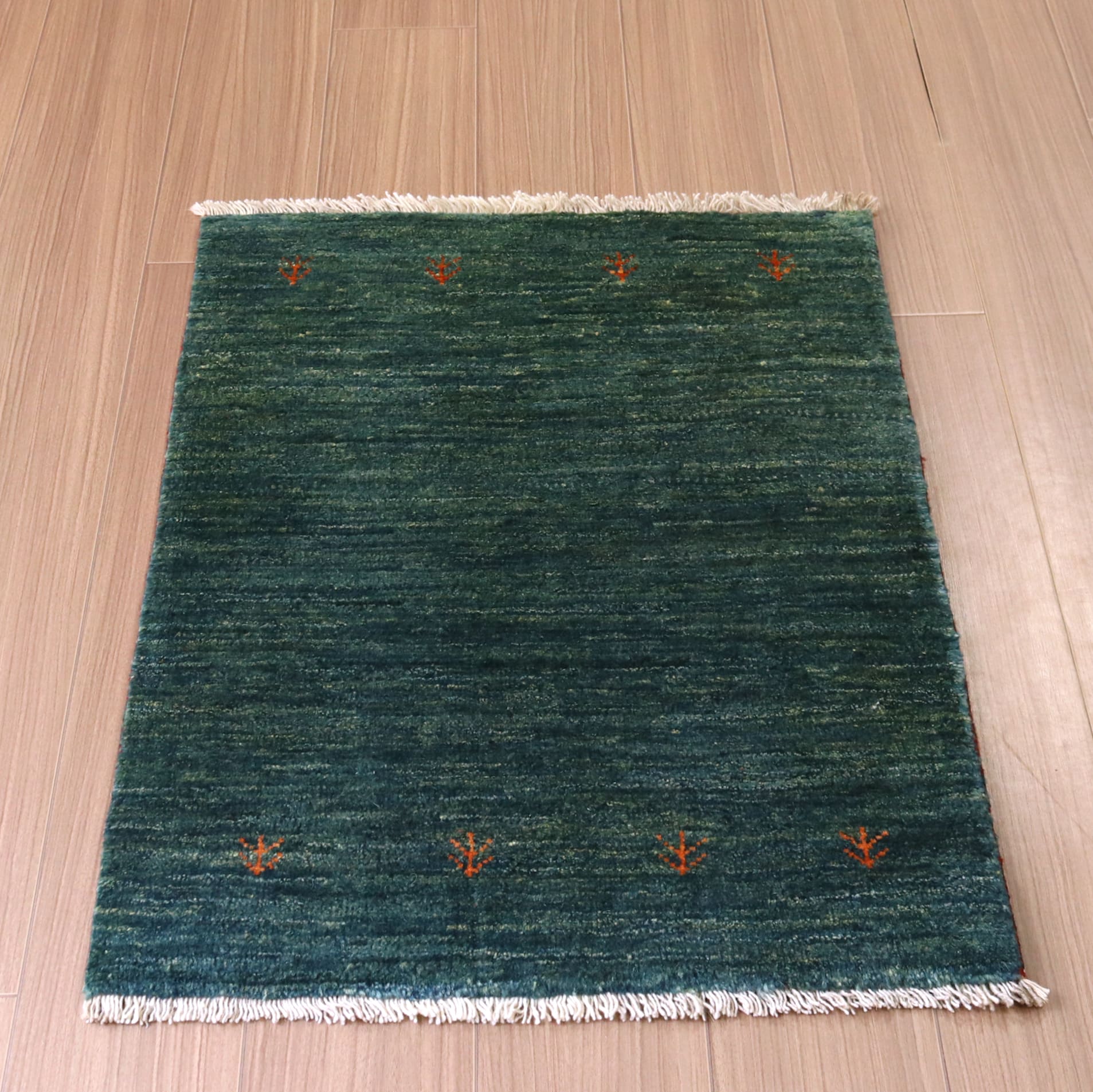 イラン産手織りギャッベ　バナフシェ87×62cm ブルーグリーン　シンプル　無地　玄関マット