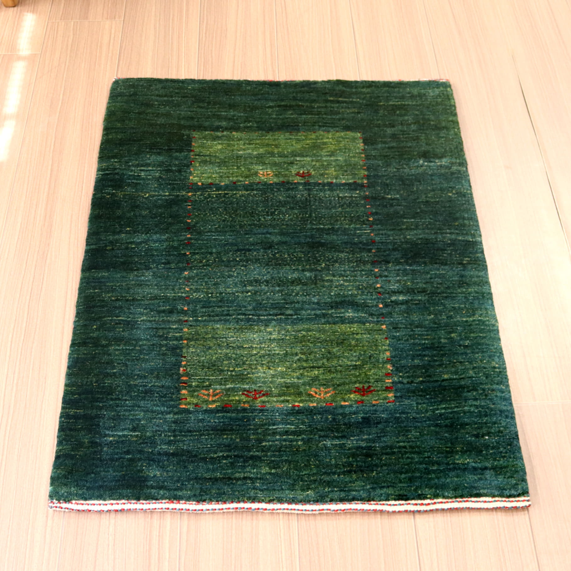 イラン産手織りギャッベ　バナフシェ83×62cm グリーン　ツートーンカラー　玄関マット