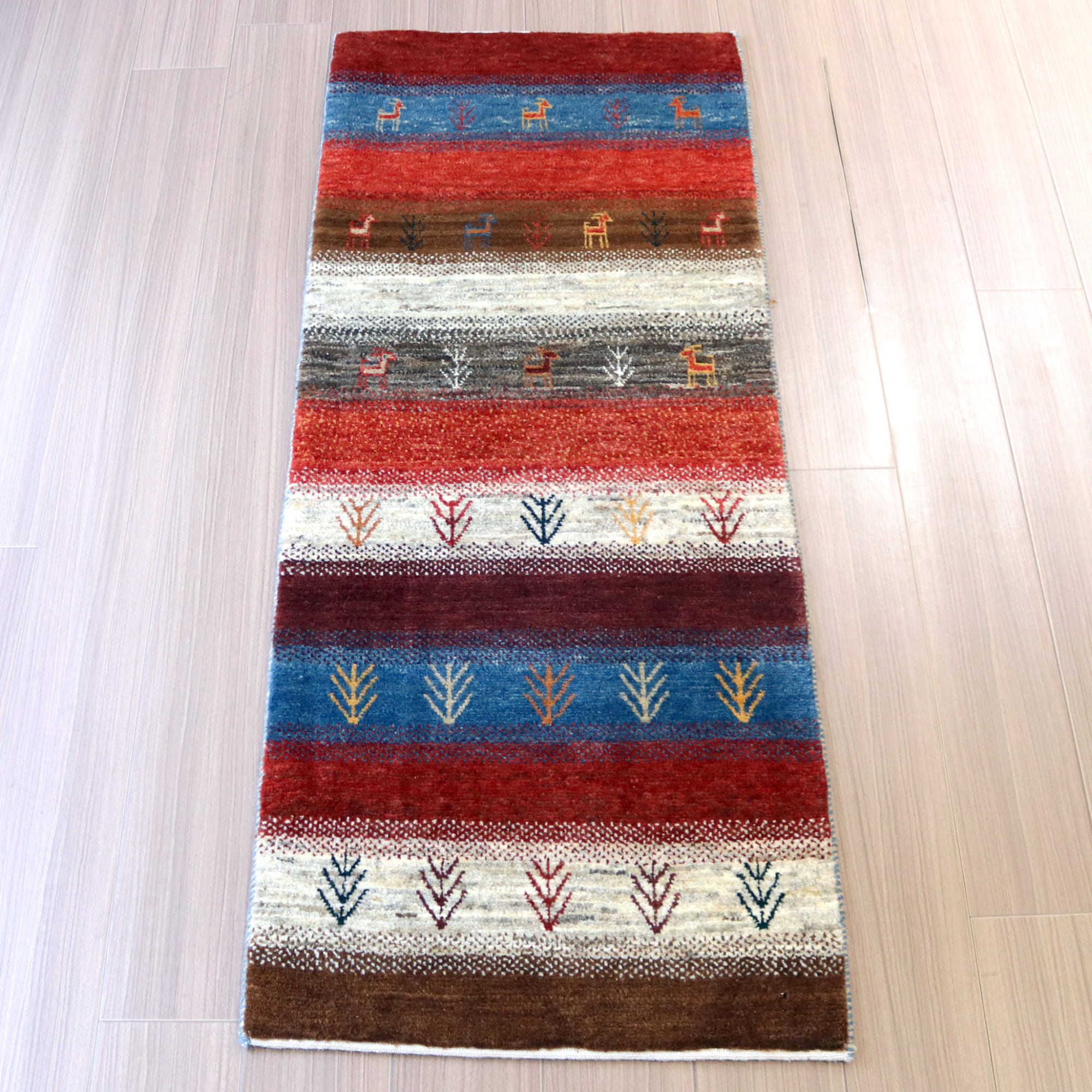 ギャッベ イランの手織りラグ159×62cm カラフルボーダー 動物と生命の樹