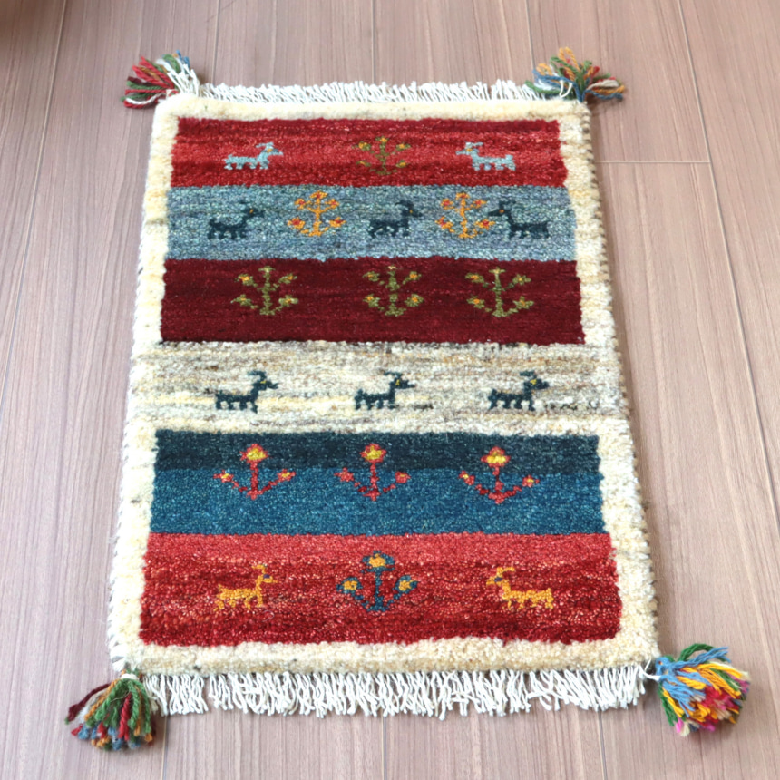 ミニギャッベ　イランの手織りラグ GABBEH 60×39cm グレー　レッド　ブルーグリーンのストライプ