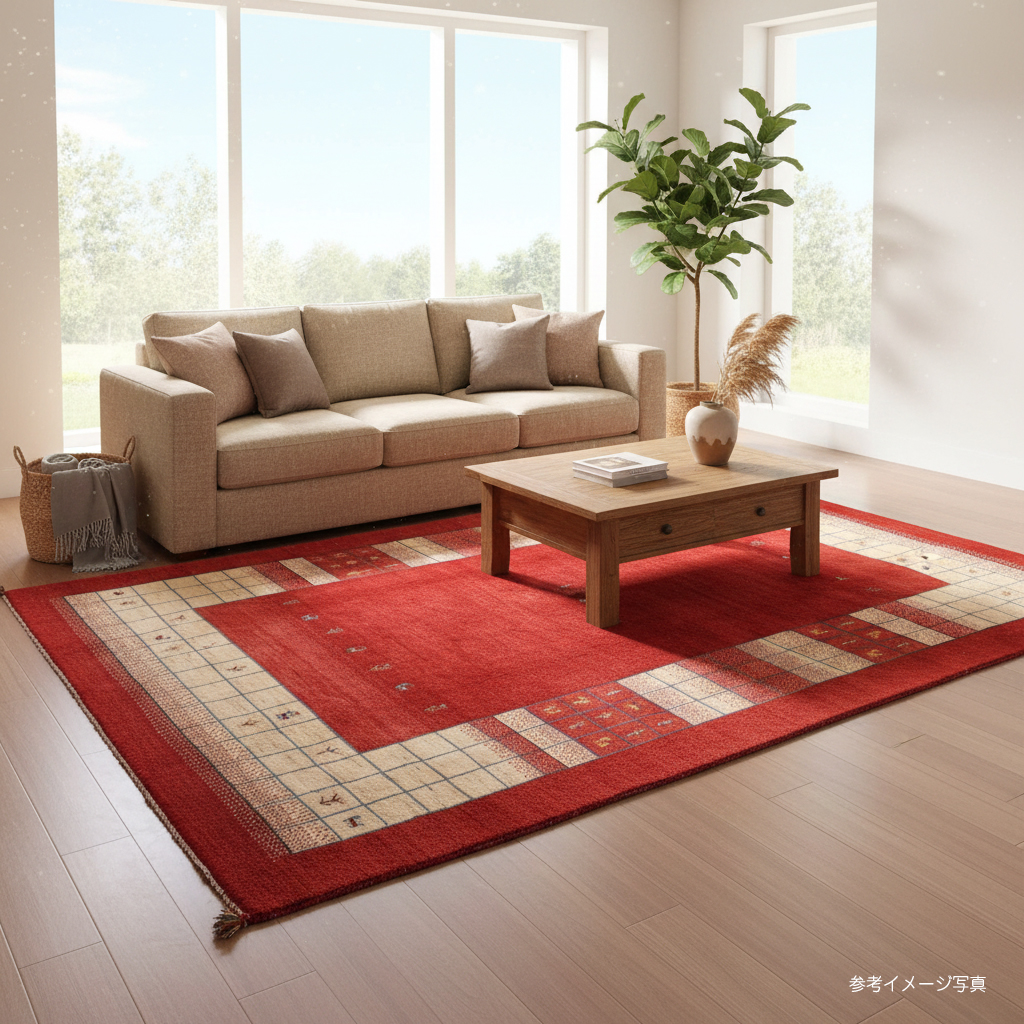 ギャッベ　カシュガイ族の手織り296×200cm レッド/ナチュラルアイボリー　タイル　植物と動物のモチーフ