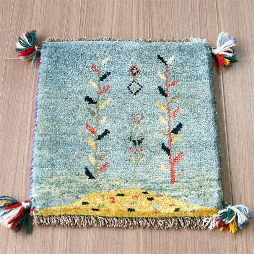 ギャッベ イラン産 手織りラグ  41×36cm 座布団サイズ ブルー 生命の樹