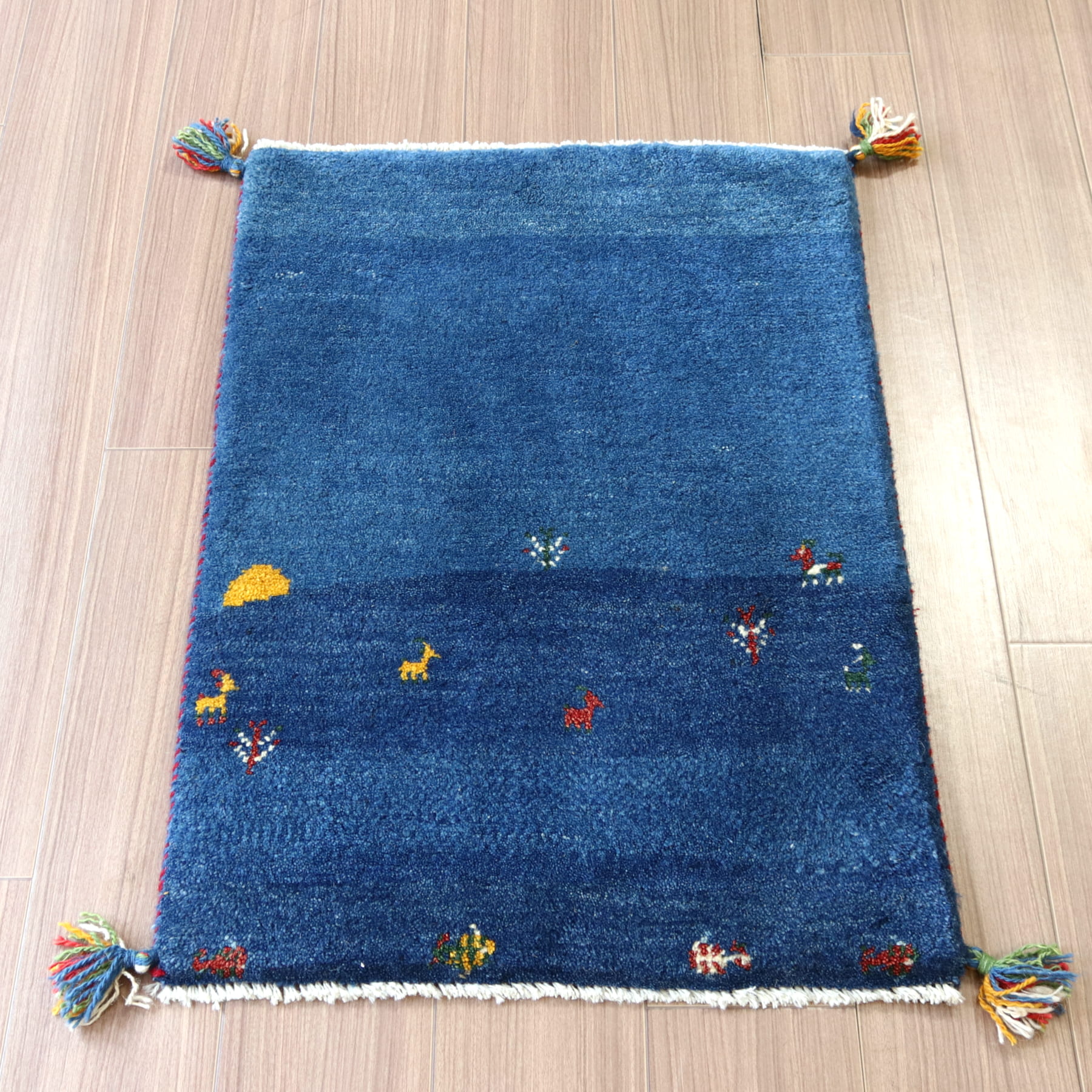 ギャッベ イラン産手織り 85x62cm 玄関マット　ブルー　風景のギャッベ