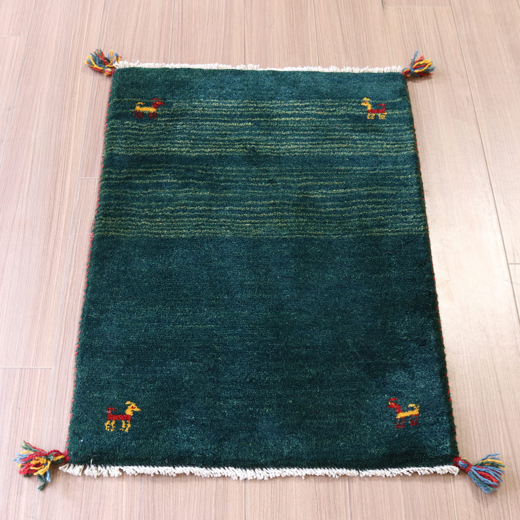 【15%OFF】ギャベ イラン産手織り 88x62cm グリーングラデーション　玄関マット