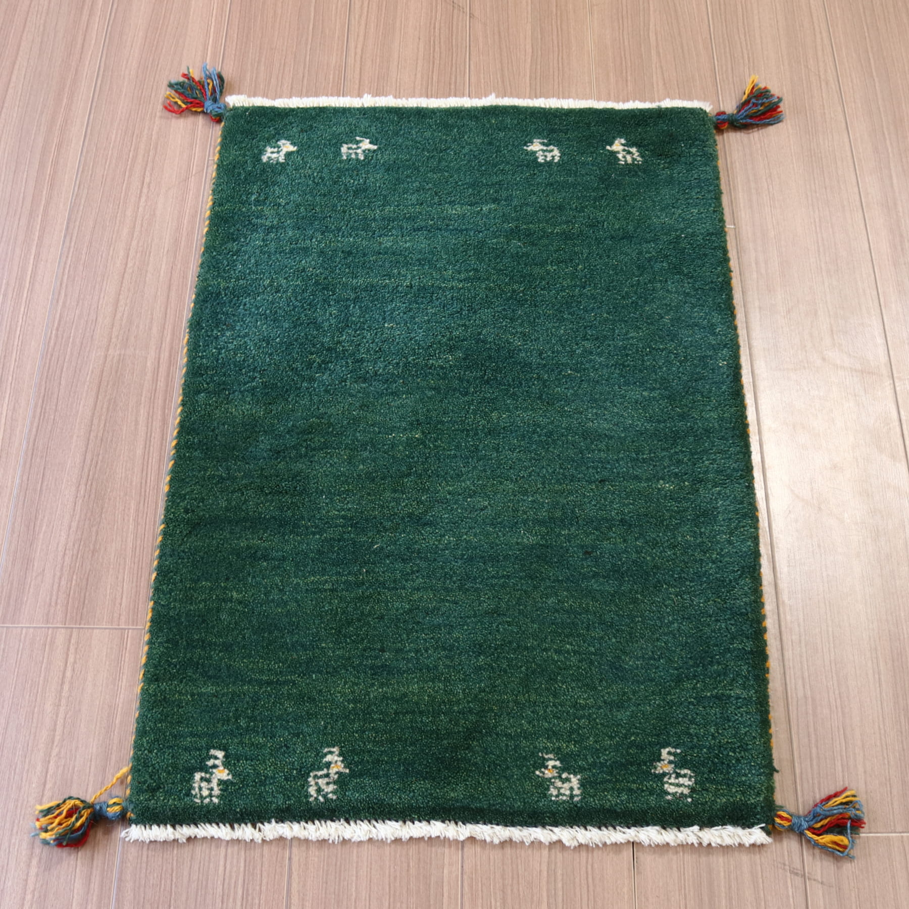 【15%OFF】ギャベ イラン産手織り 90x62cm 玄関マット　グリーン　シンプル　無地