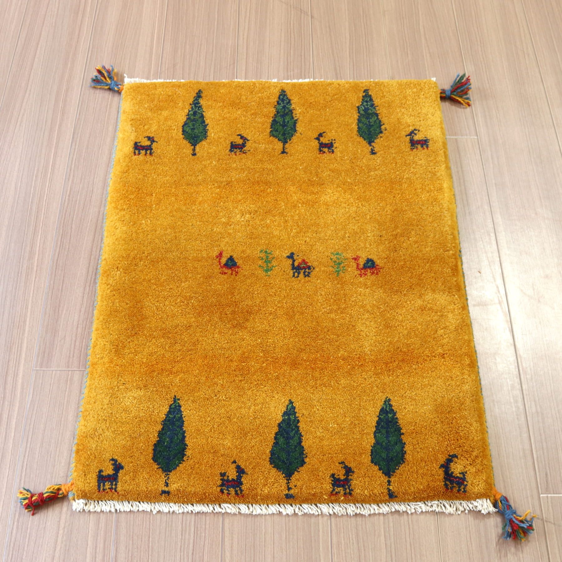 【15%OFF】ギャッベ 手織り イラン産 86x62cm 玄関マット　イエローオレンジ　ラクダ