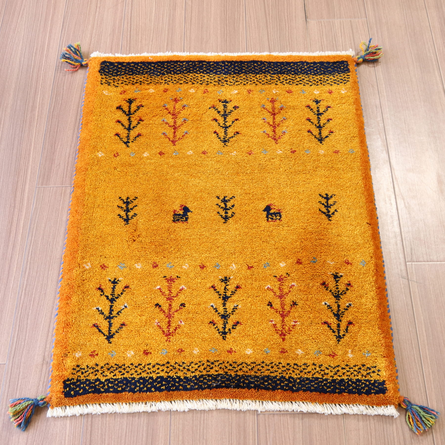 【15%OFF】ギャッベ 手織り イラン産 88x64cm オレンジ　生命の木　玄関マット