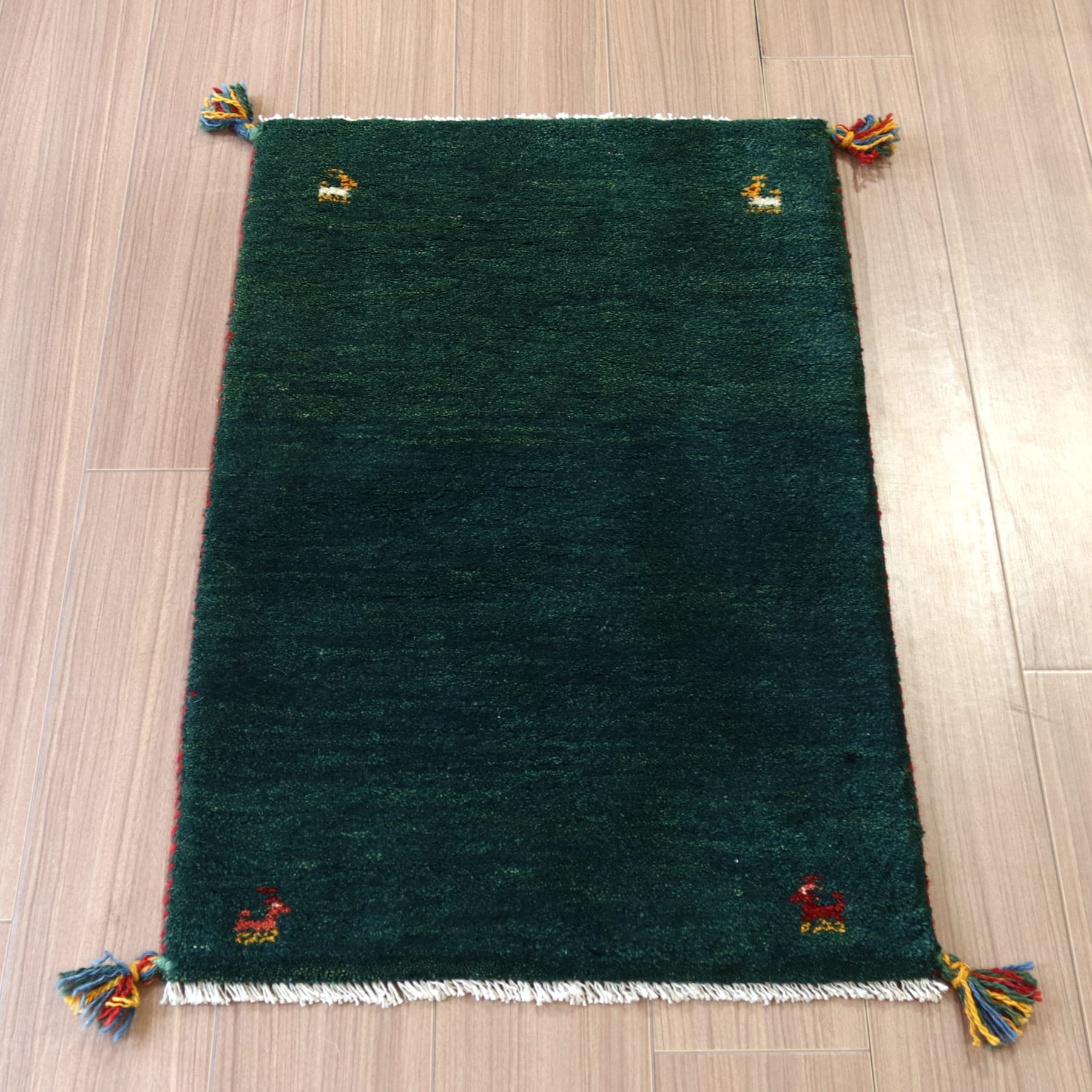 【15%OFF】ギャベ イラン産手織り 86x56cm 玄関マット　深いグリーン　無地　シンプル