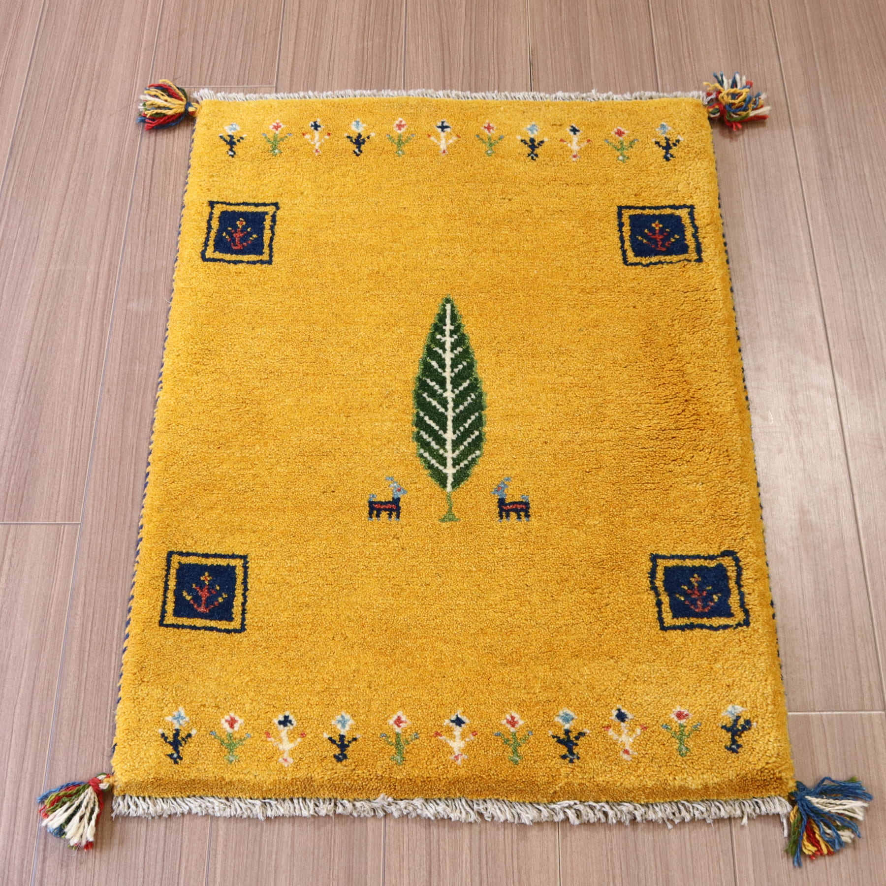 【15%OFF】ギャッベ 手織り イラン産 86x62cm イエロー　玄関マット　黄色　生命の木