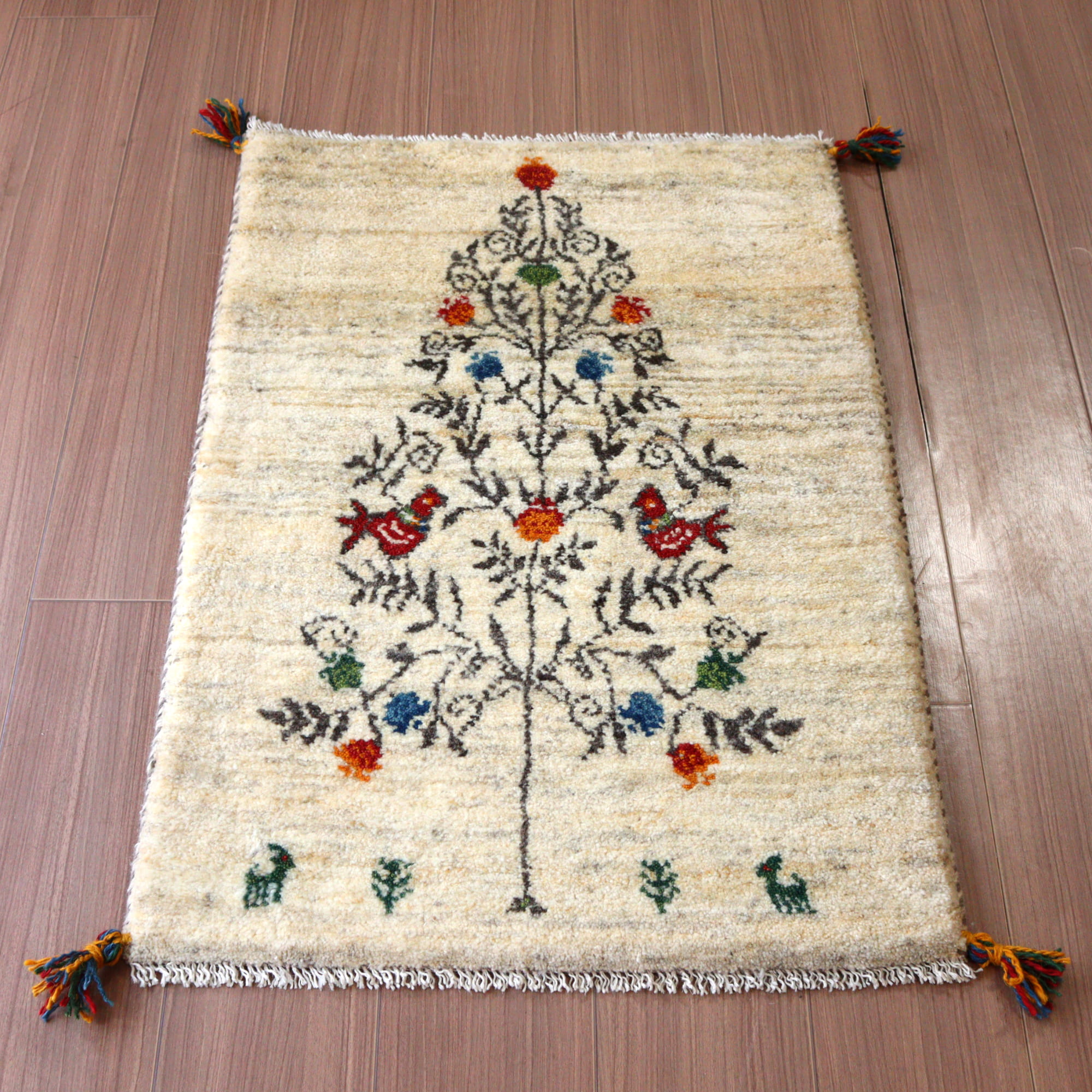 【15%OFF】ギャッベ 手織り イラン産 93x62cm ナチュラル 鳥と植物