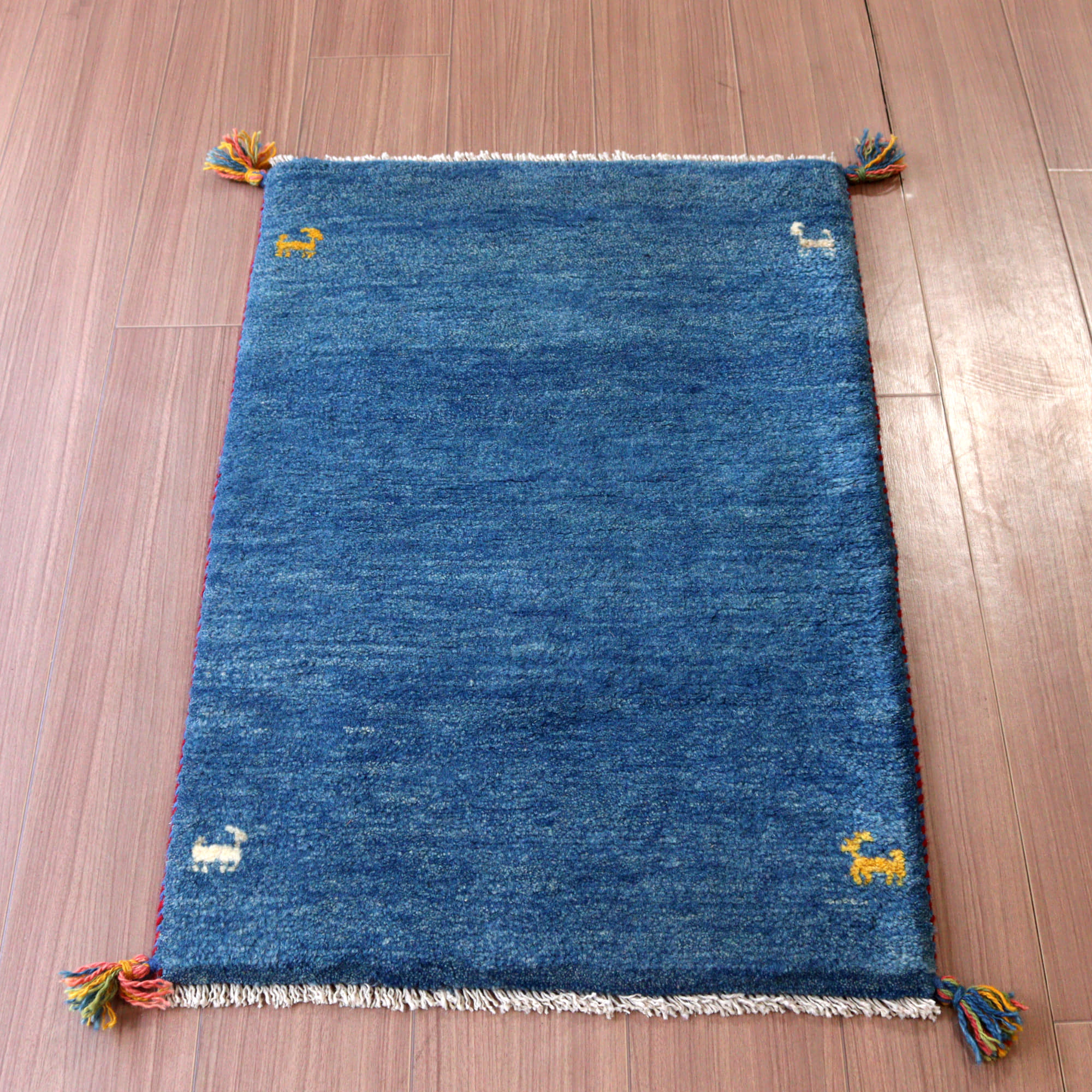 【15%OFF】ギャッベ 手織り イラン産 88x58cm ブルー シンプルモチーフ