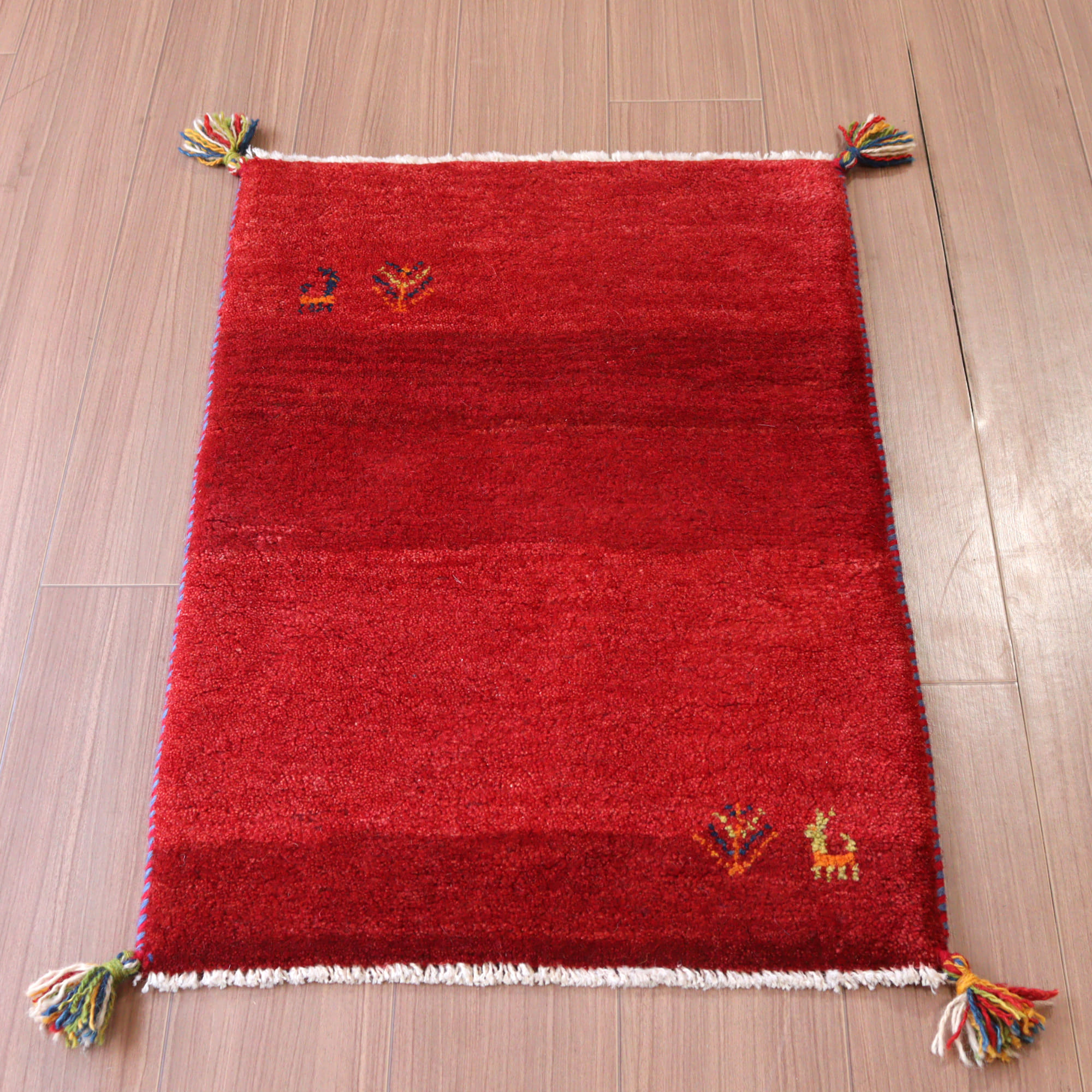 【15%OFF】ギャッベ 手織り イラン産 85x58cm レッド 動物と植物